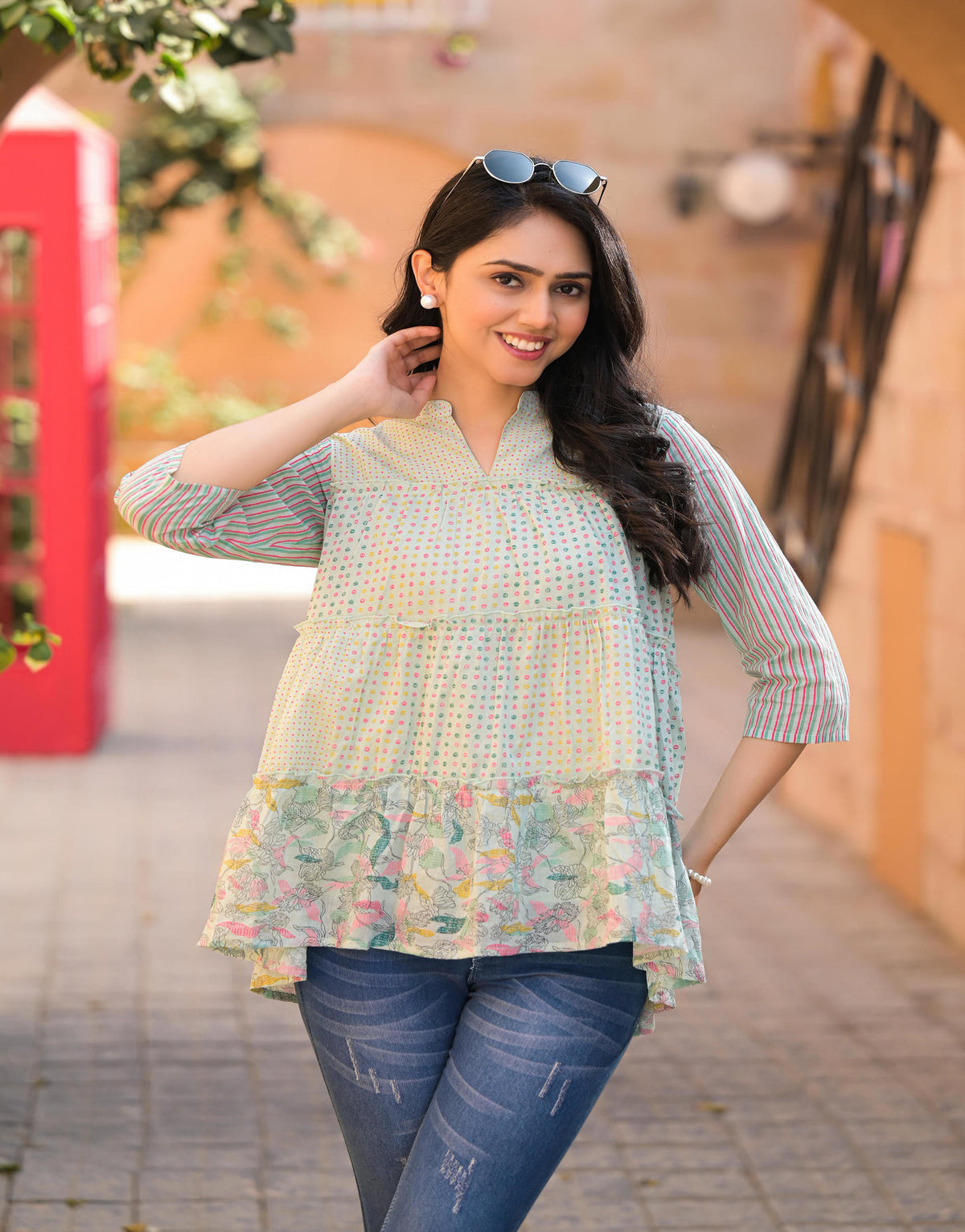 Pista Green Floral Printed Cotton Gathered Tunic-P1200PISTAGREEN_OF