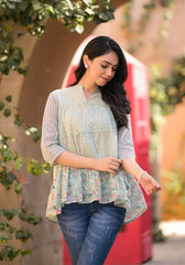 Pista Green Floral Printed Cotton Gathered Tunic-P1200PISTAGREEN_OF