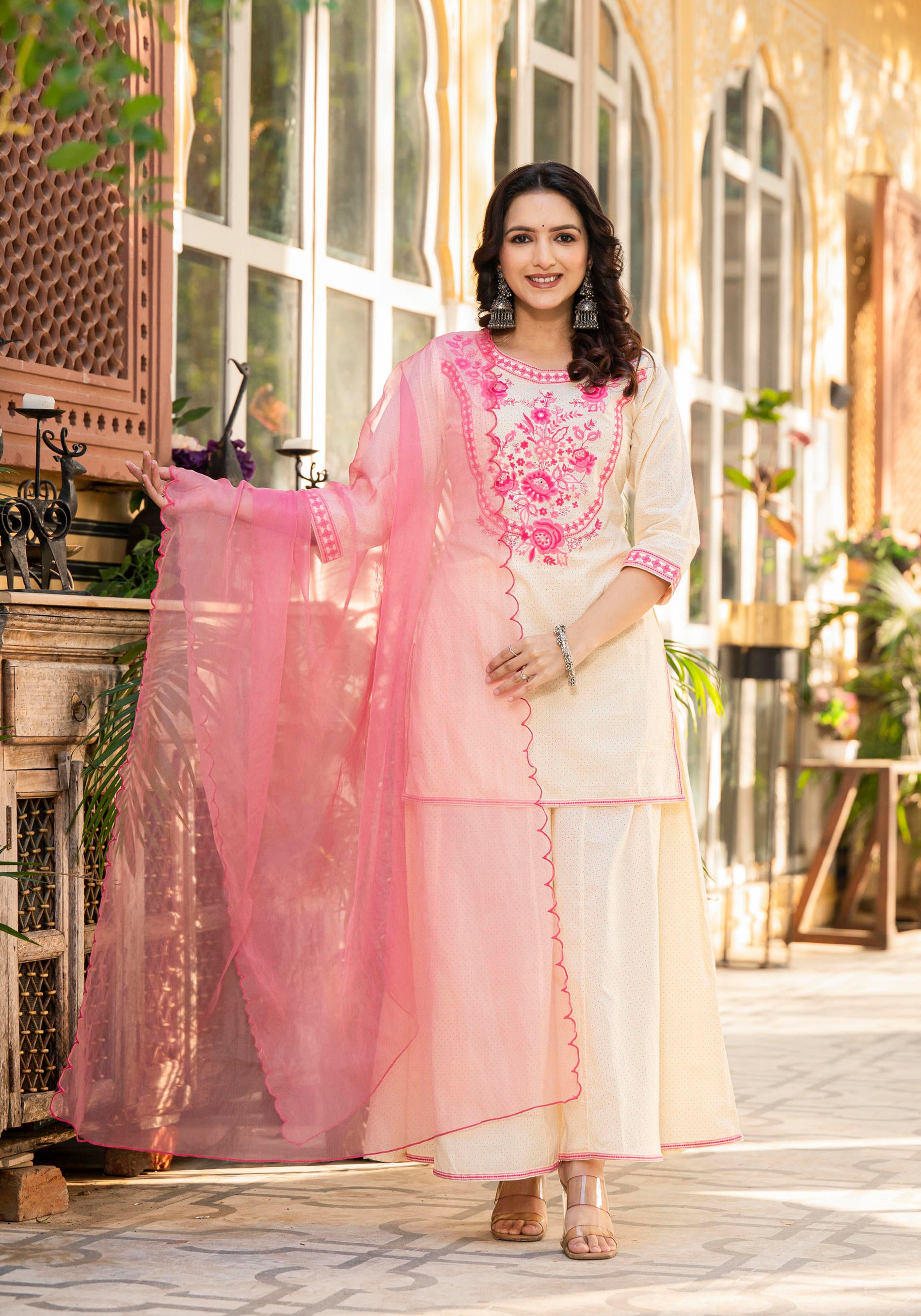 Women Ivory Printed With  Embroidered  Kurta Pant Dupatta