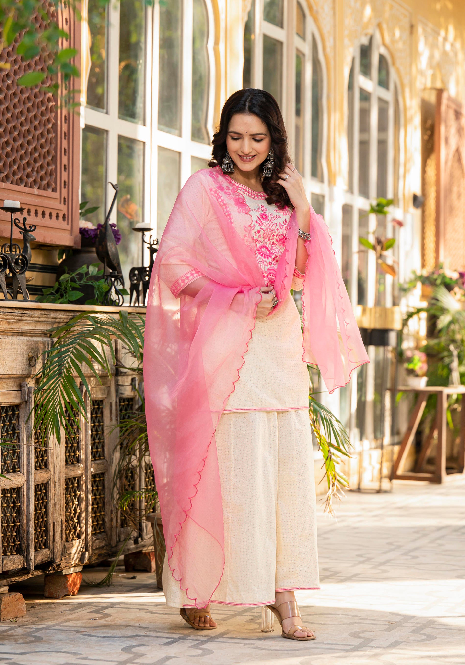 Women Ivory Printed With  Embroidered  Kurta Pant Dupatta