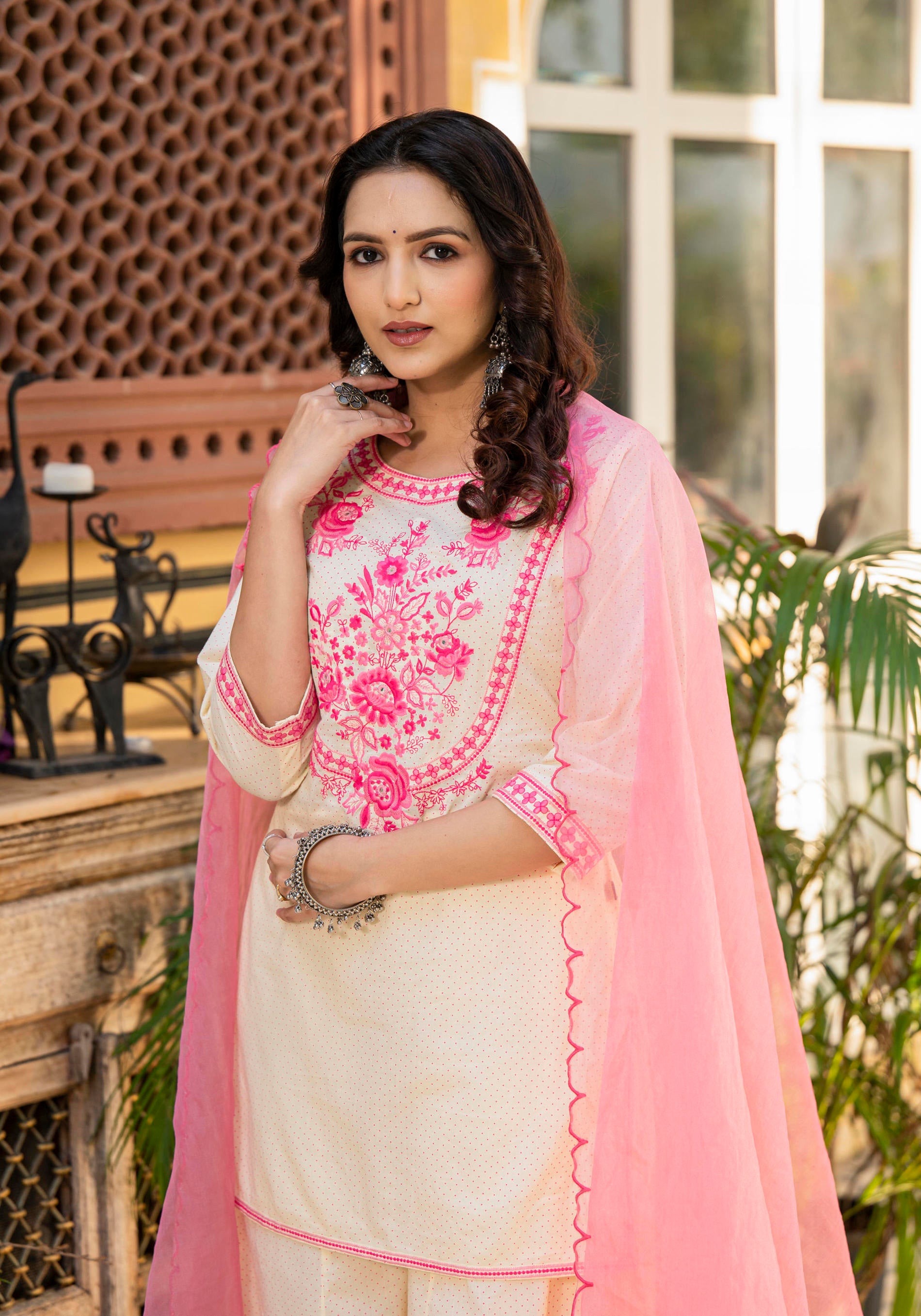 Women Ivory Printed With  Embroidered  Kurta Pant Dupatta