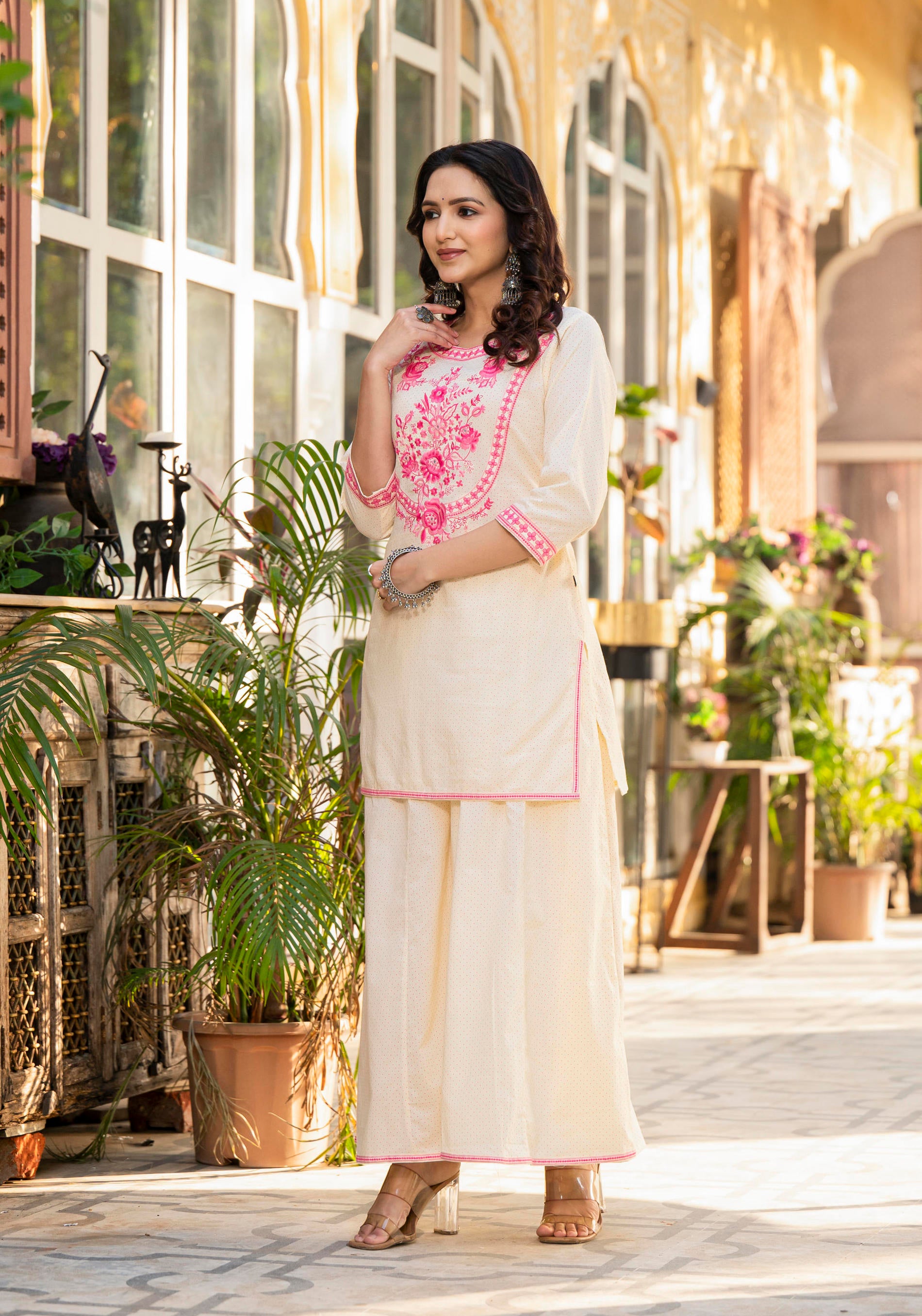 Women Ivory Printed With  Embroidered  Kurta Pant Dupatta