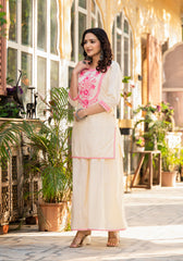 Women Ivory Printed With Embroidered Kurta Pant Dupatta-P1207IVORY_ON
