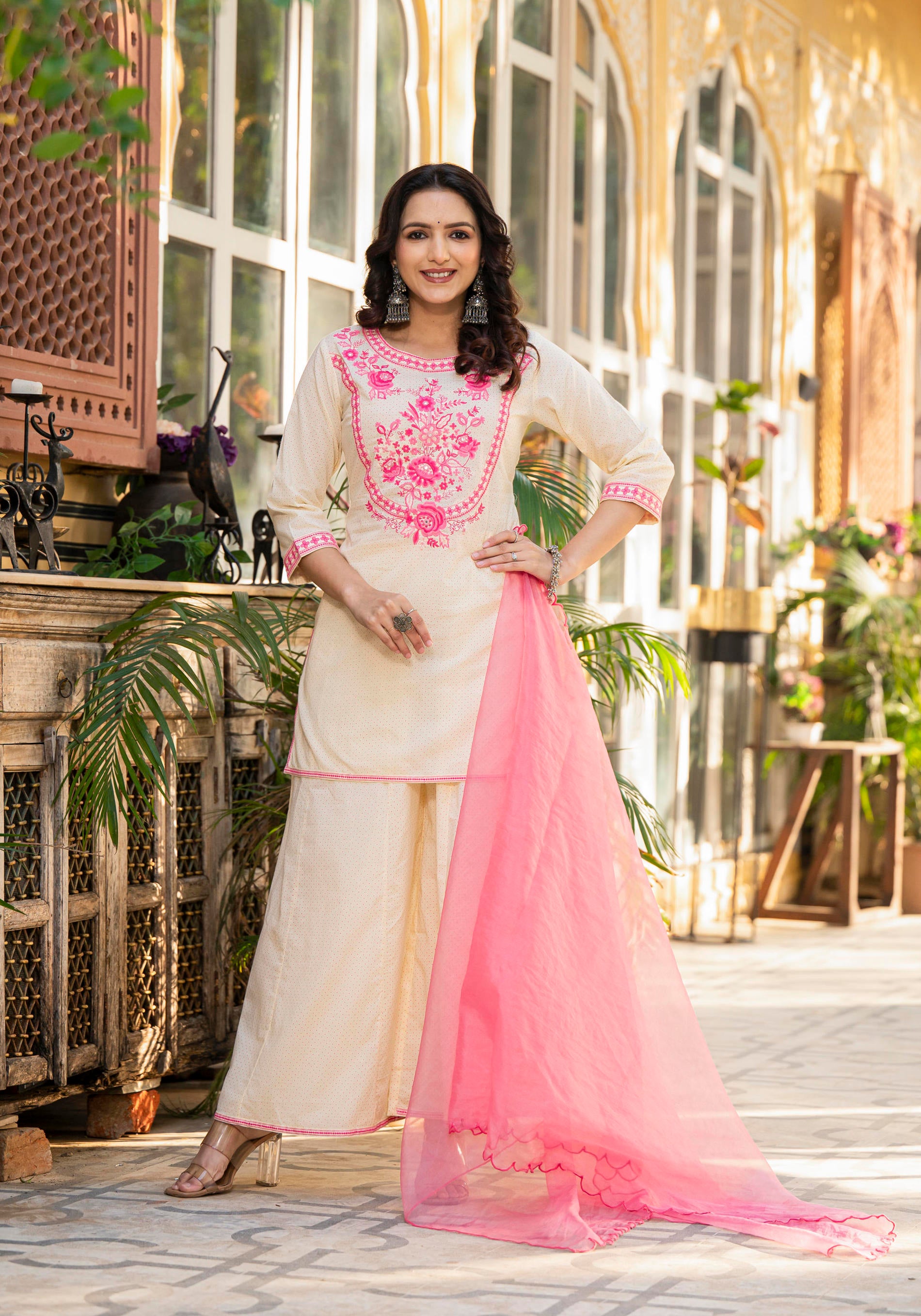 Women Ivory Printed With  Embroidered  Kurta Pant Dupatta