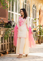 Women Ivory Printed With Embroidered Kurta Pant Dupatta-P1207IVORY_ON