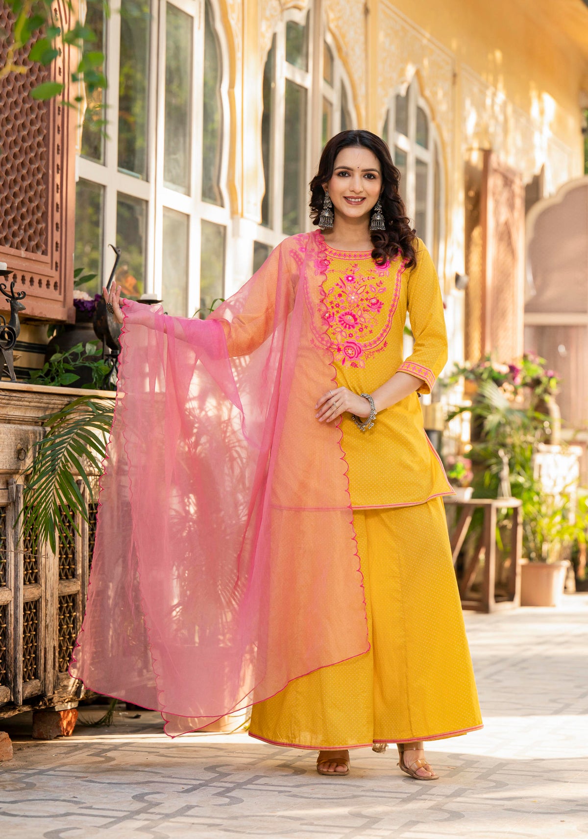 Women Mustard Printed With Embroidered Kurta Pant Dupatta-P1207MUSTARD_ON