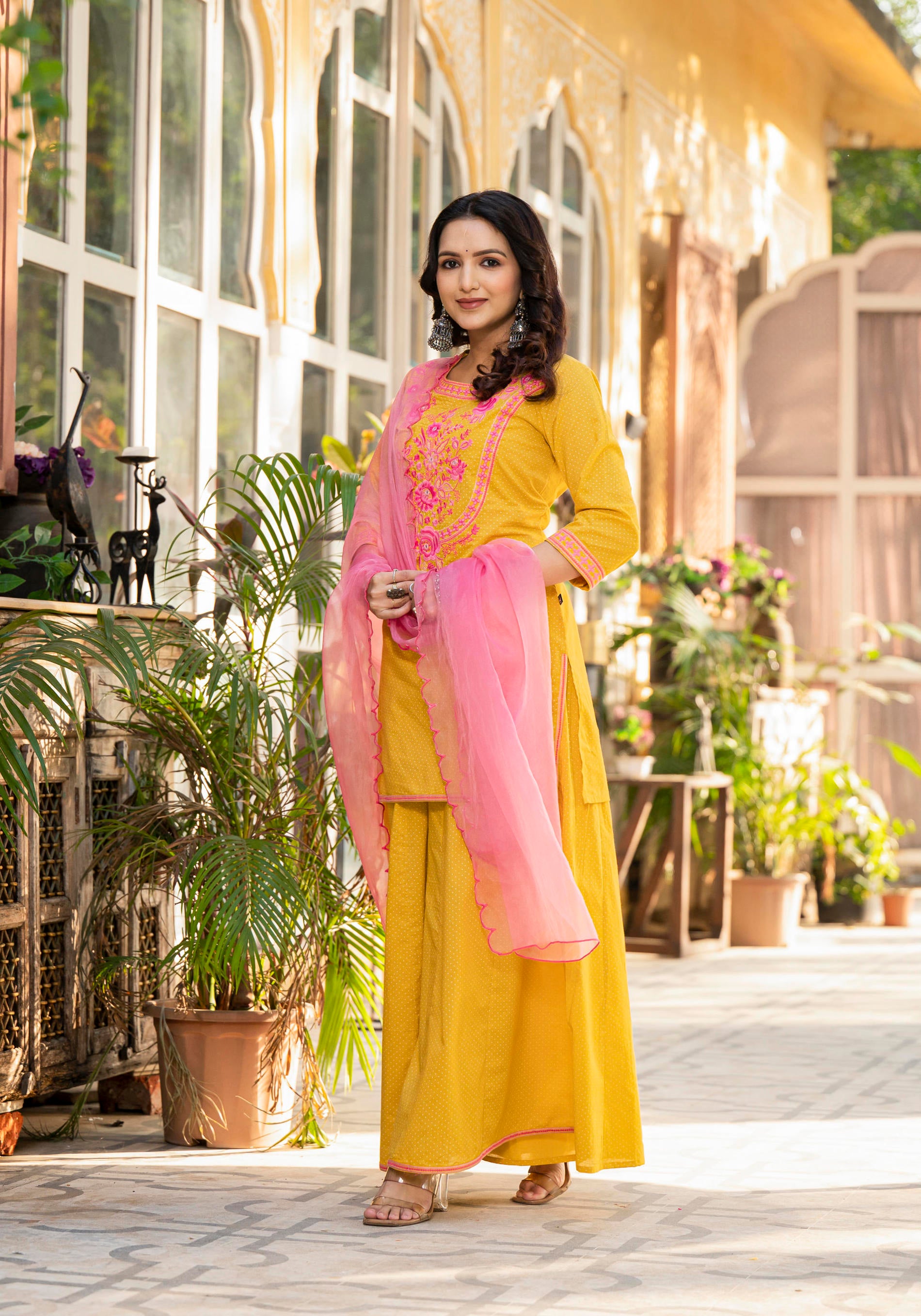 Women Mustard Printed With  Embroidered  Kurta Pant Dupatta