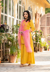 Women Mustard Printed With Embroidered Kurta Pant Dupatta-P1207MUSTARD_ON