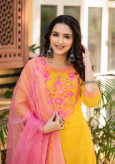 Women Mustard Printed With Embroidered Kurta Pant Dupatta-P1207MUSTARD_ON