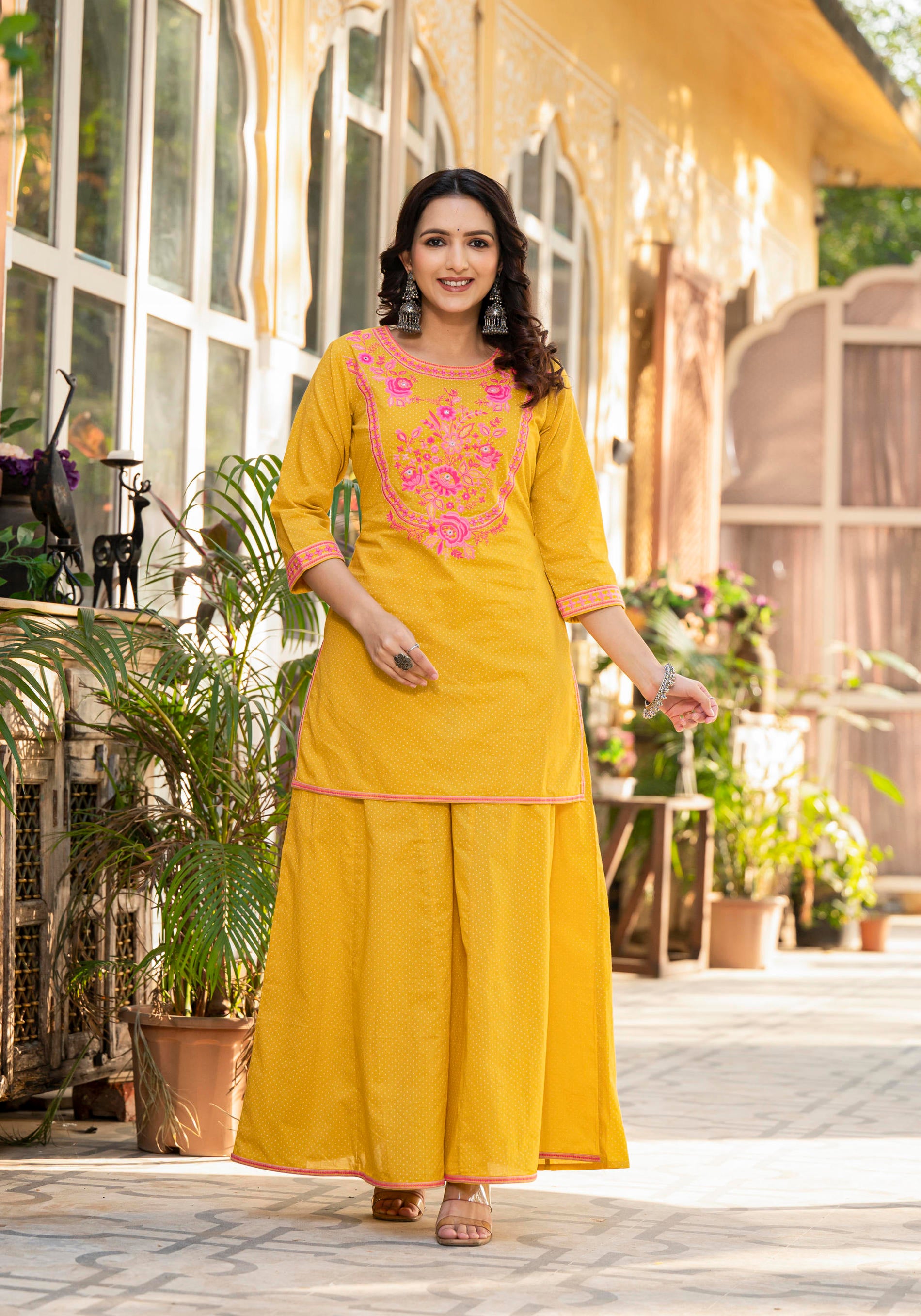 Women Mustard Printed With  Embroidered  Kurta Pant Dupatta