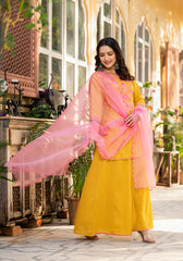 Women Mustard Printed With Embroidered Kurta Pant Dupatta-P1207MUSTARD_ON