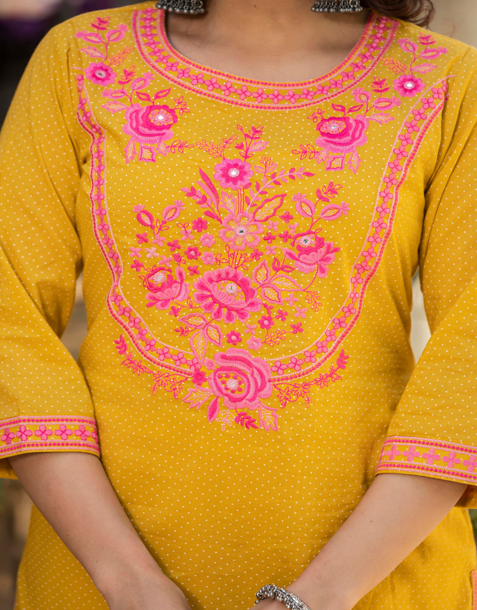 Women Mustard Printed With  Embroidered  Kurta Pant Dupatta