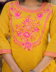 Women Mustard Printed With Embroidered Kurta Pant Dupatta-P1207MUSTARD_ON