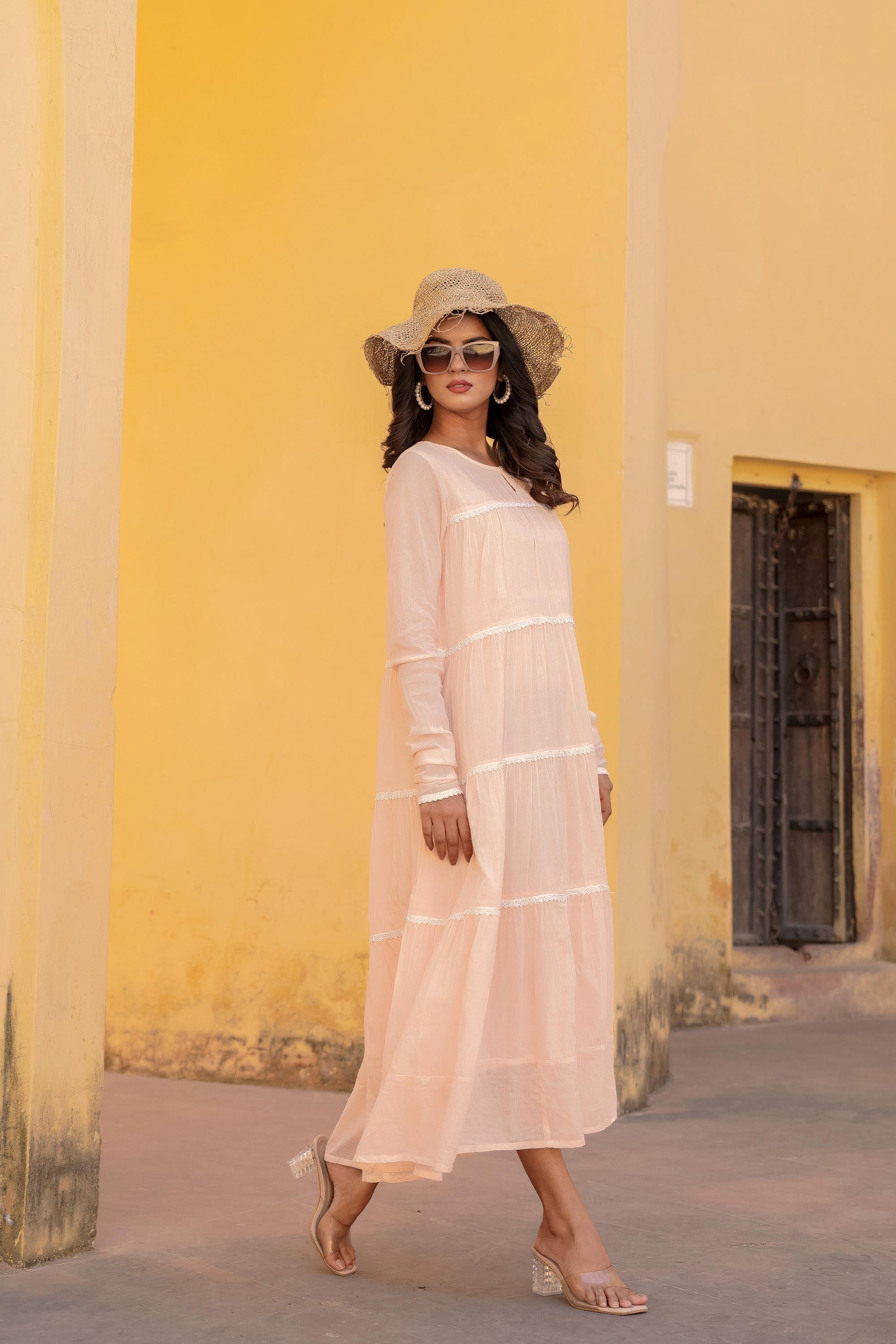 Peach Tiered Ethnic Maxi Dress with Lace Inserts | DesiQlo