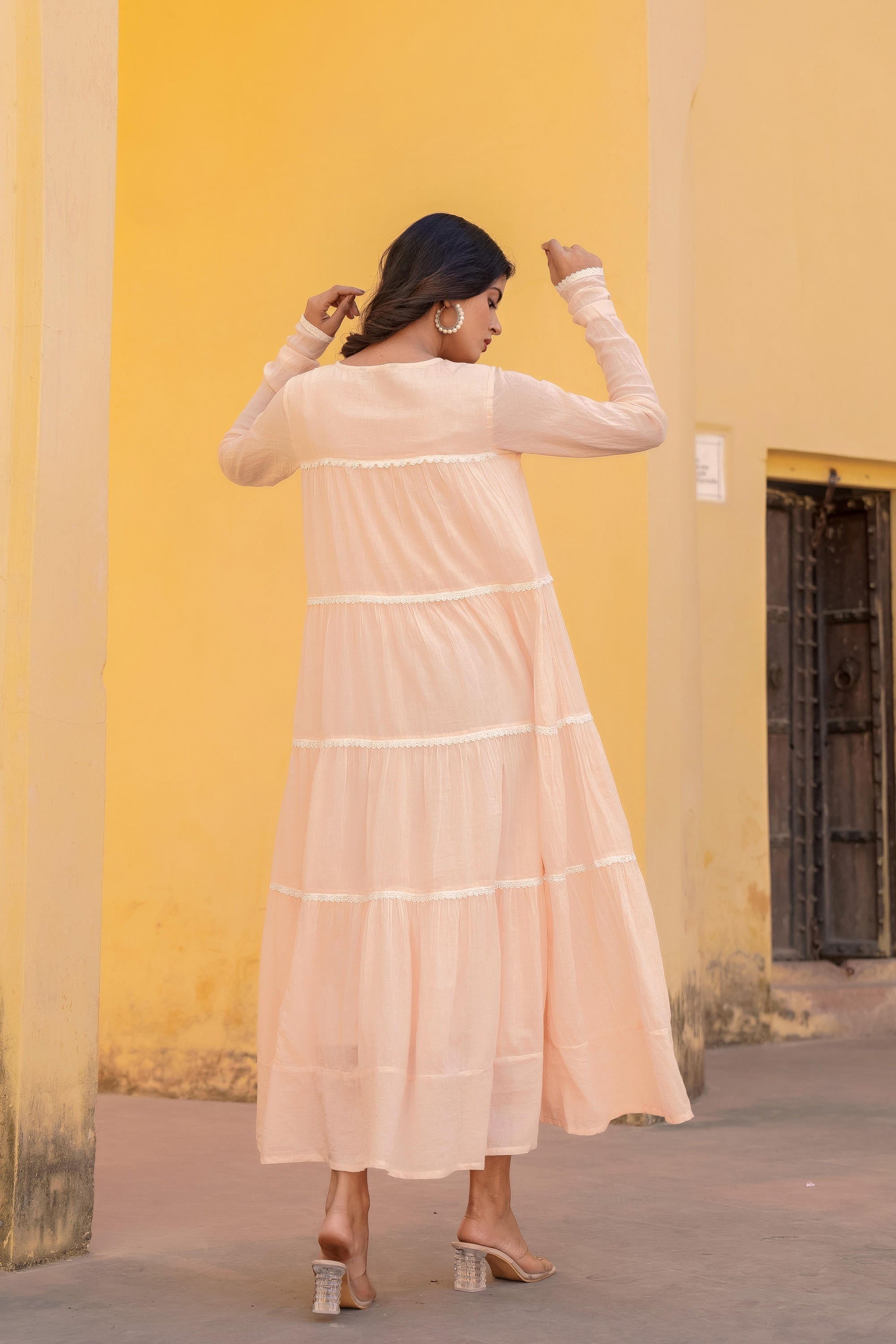 Peach Tiered Ethnic Maxi Dress with Lace Inserts | DesiQlo