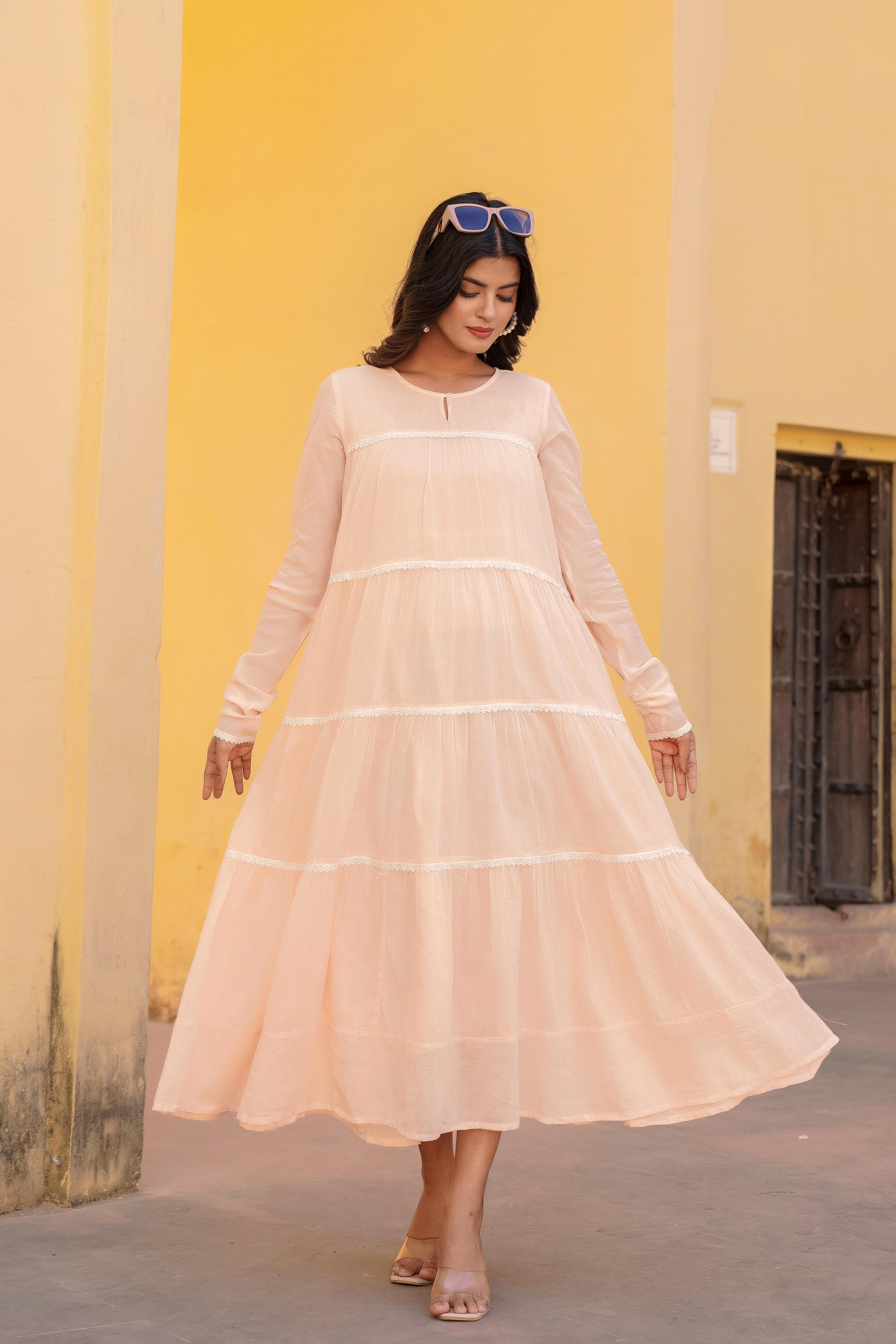 Peach Tiered Ethnic Maxi Dress with Lace Inserts | DesiQlo