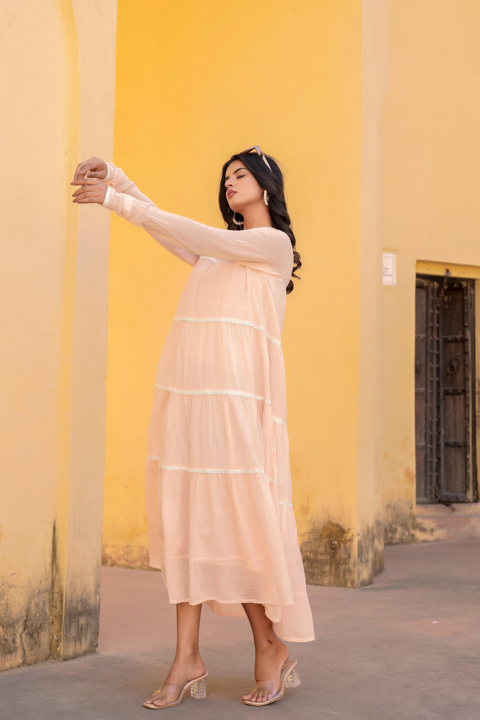 Peach Tiered Ethnic Maxi Dress with Lace Inserts | DesiQlo