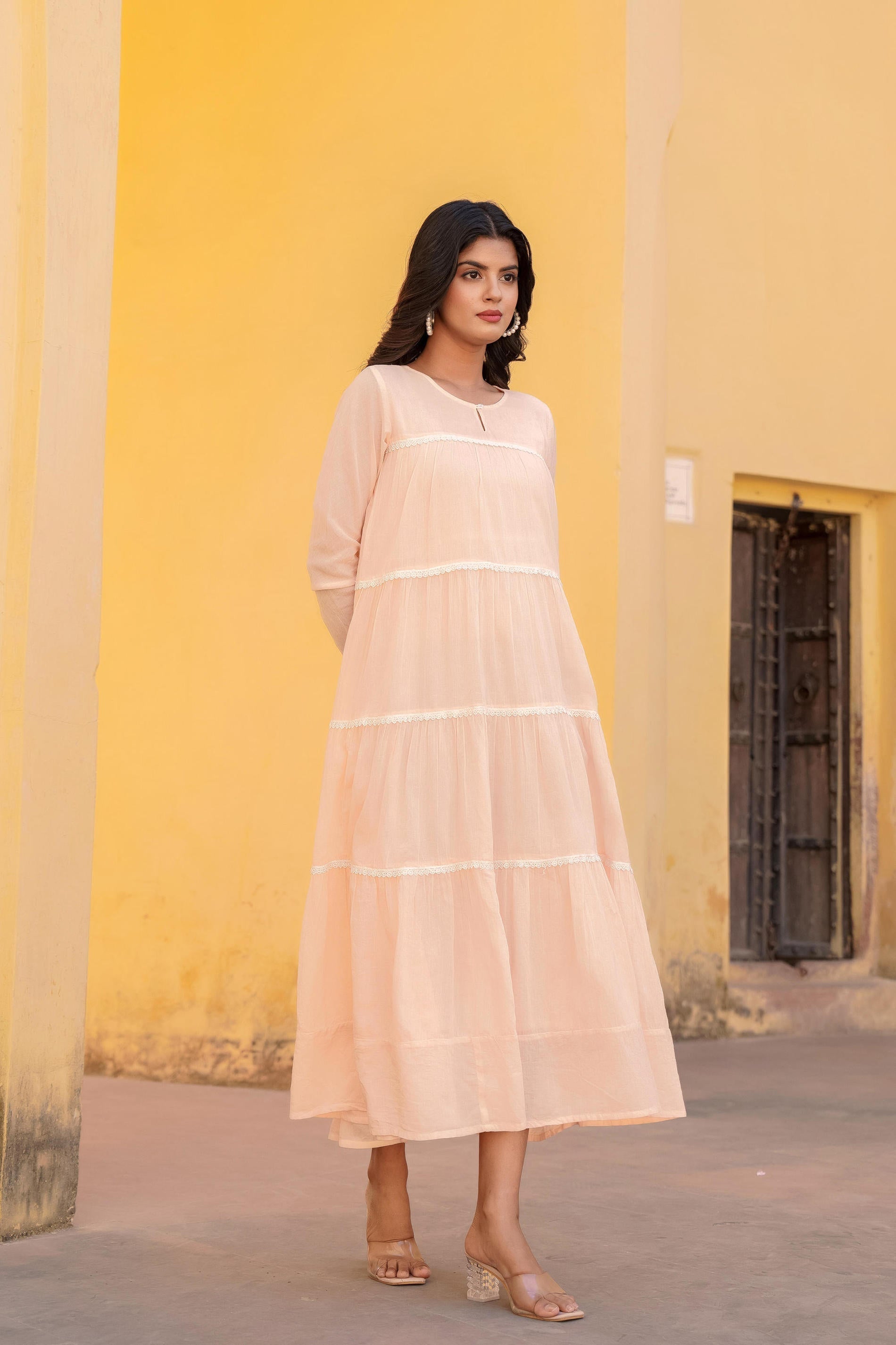 Peach Tiered Ethnic Maxi Dress with Lace Inserts | DesiQlo