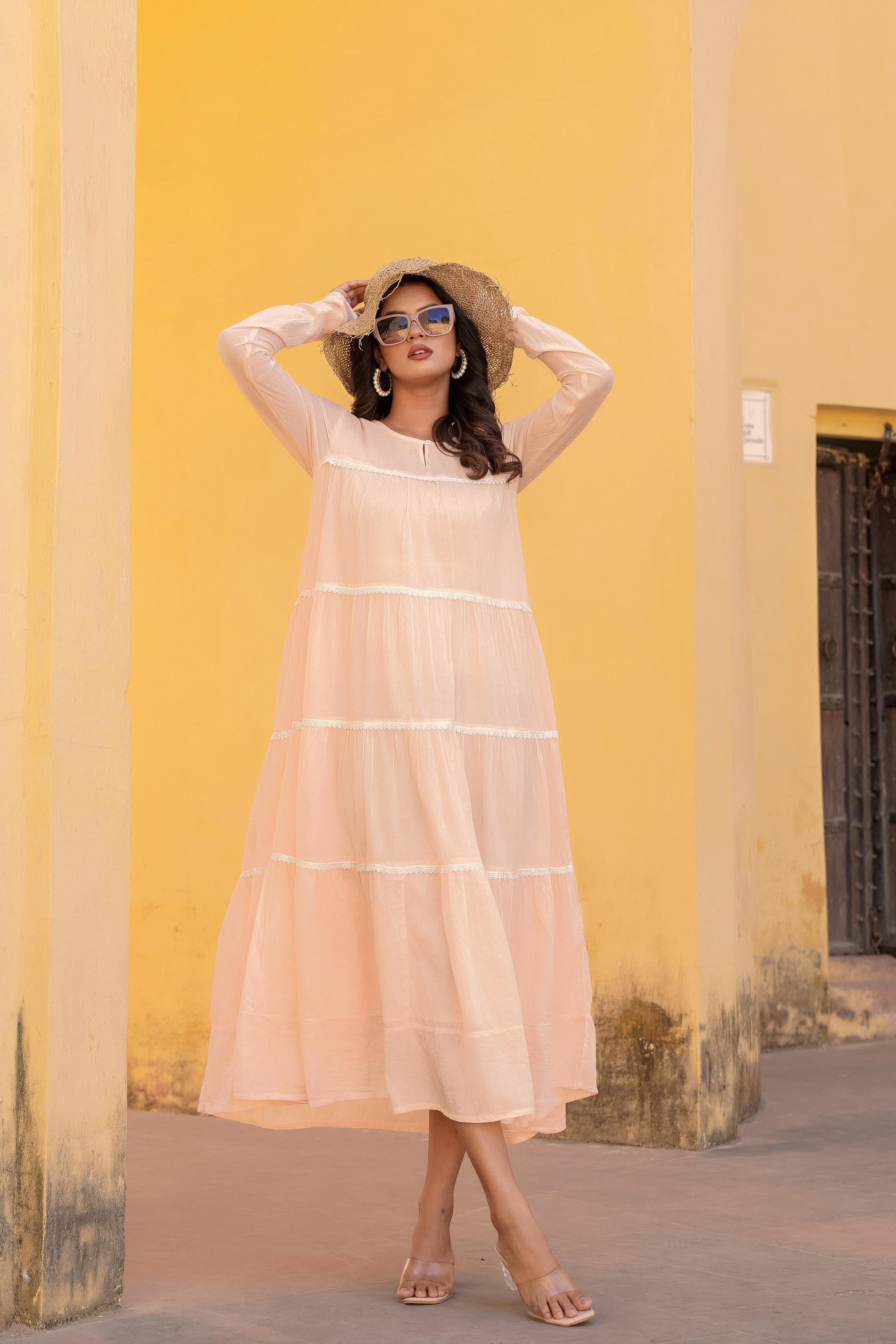 Peach Tiered Ethnic Maxi Dress with Lace Inserts | DesiQlo