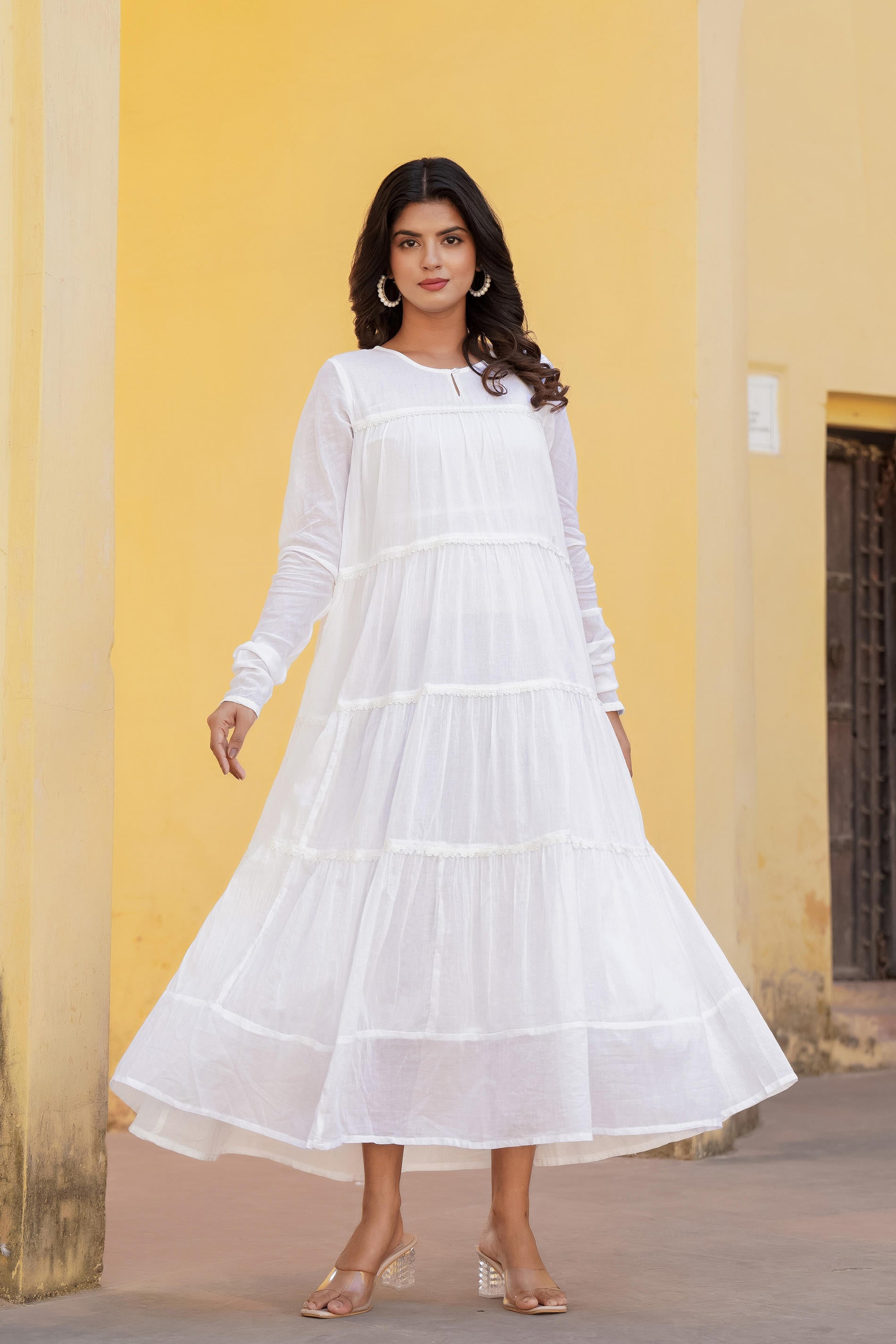 Snowfall Breeze Tiered Maxi Dress-P1209WHITE