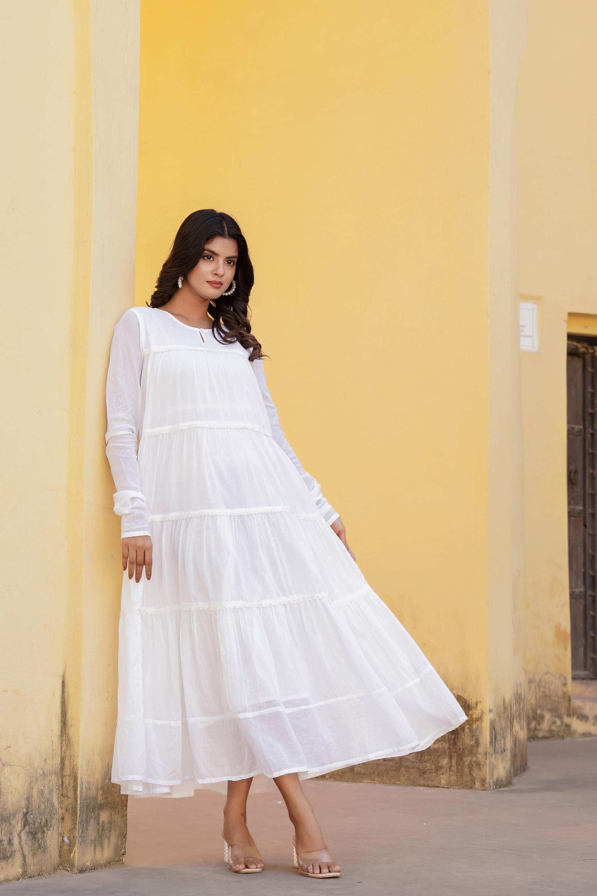 Snowfall Breeze Tiered Maxi Dress-P1209WHITE