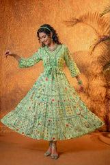 Mint Green Floral Folk Printed Tiered Maxi Dress