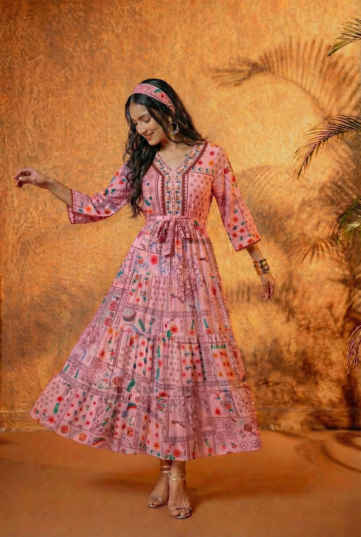 Onion Pink Floral Folk Printed Tiered Maxi Dress