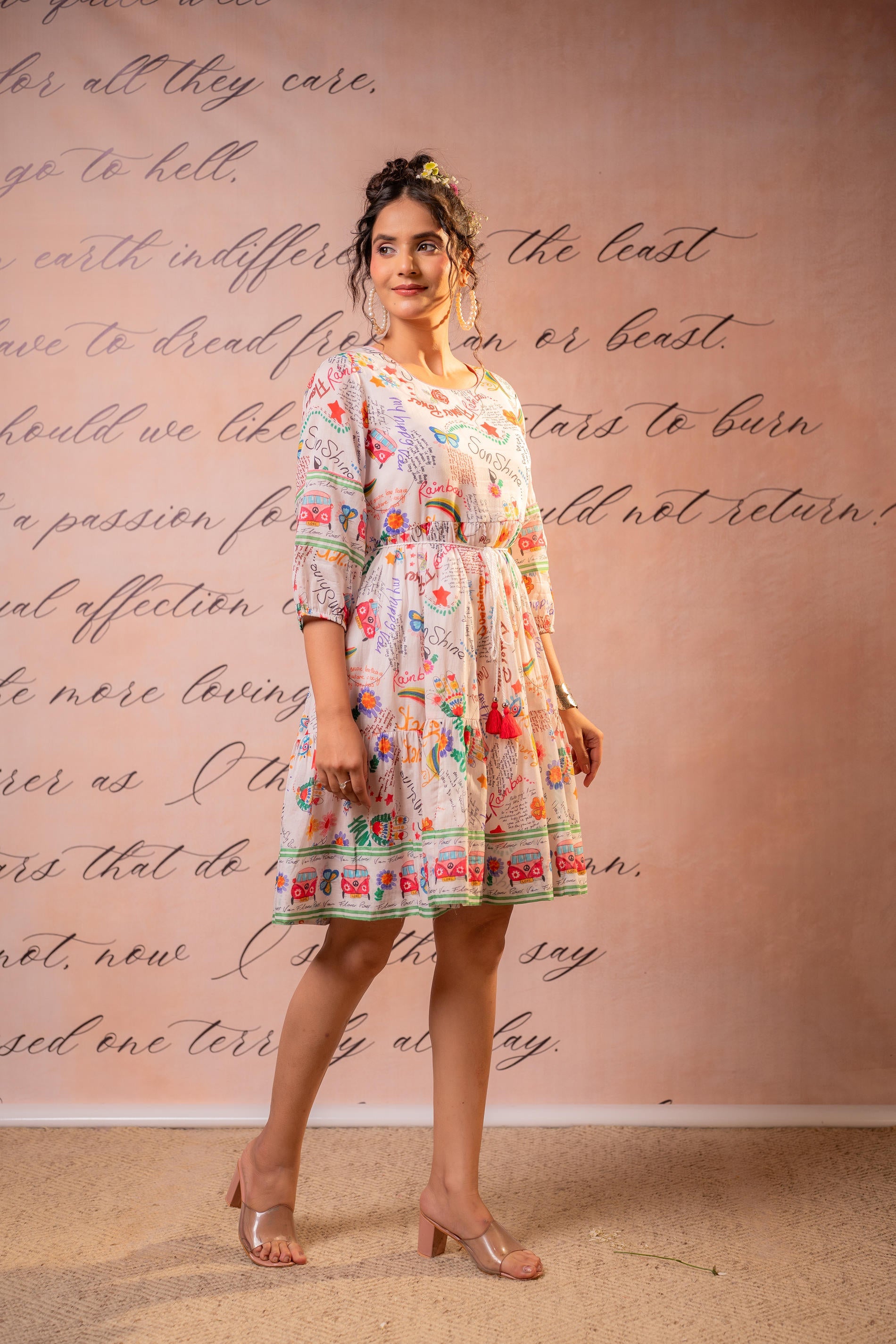 Cream Multicolor Floral Printed Flared Dress with Tassel Tie-Up