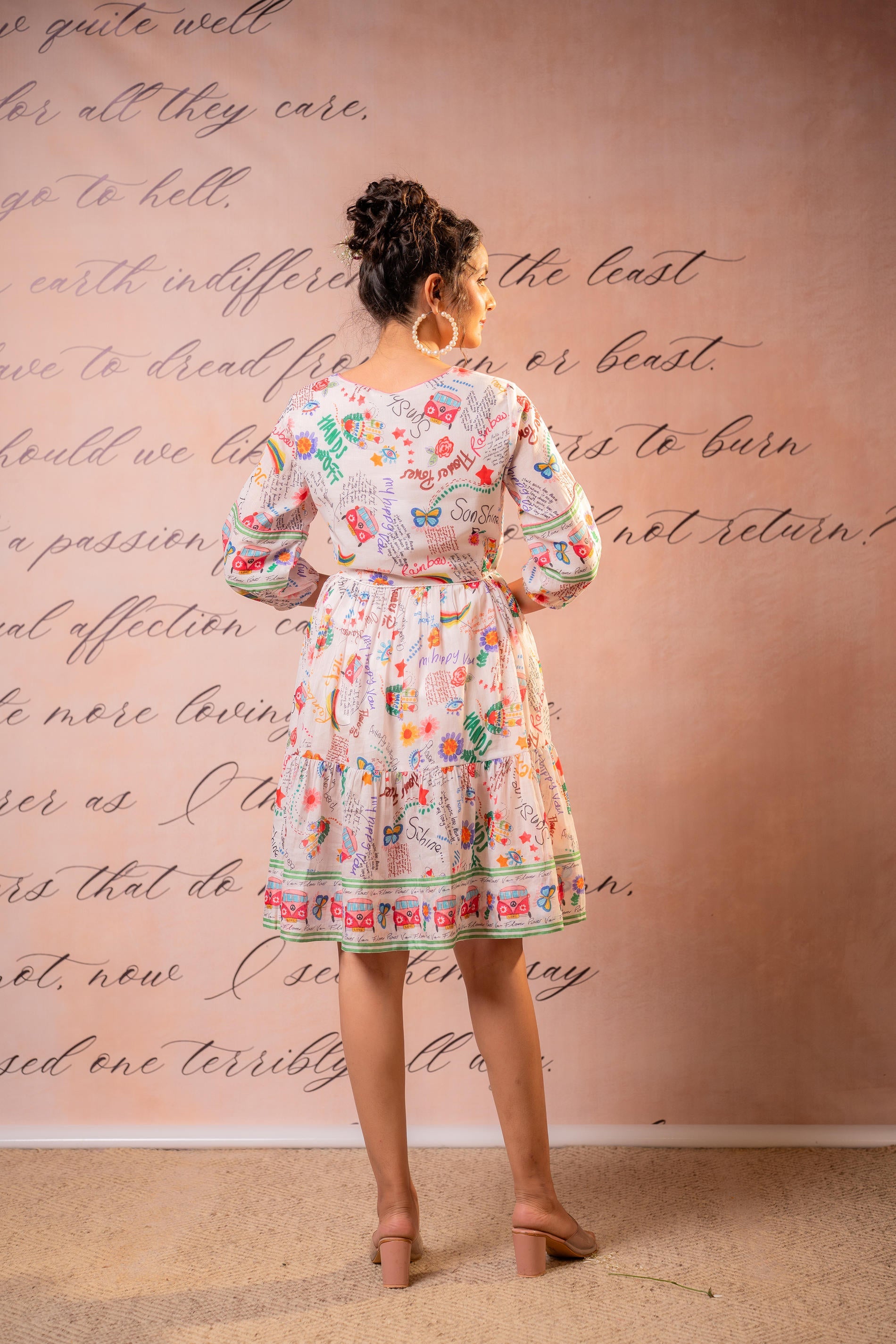 Cream Multicolor Floral Printed Flared Dress with Tassel Tie-Up