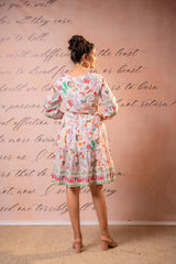 Cream Multicolor Floral Printed Flared Dress with Tassel Tie-Up