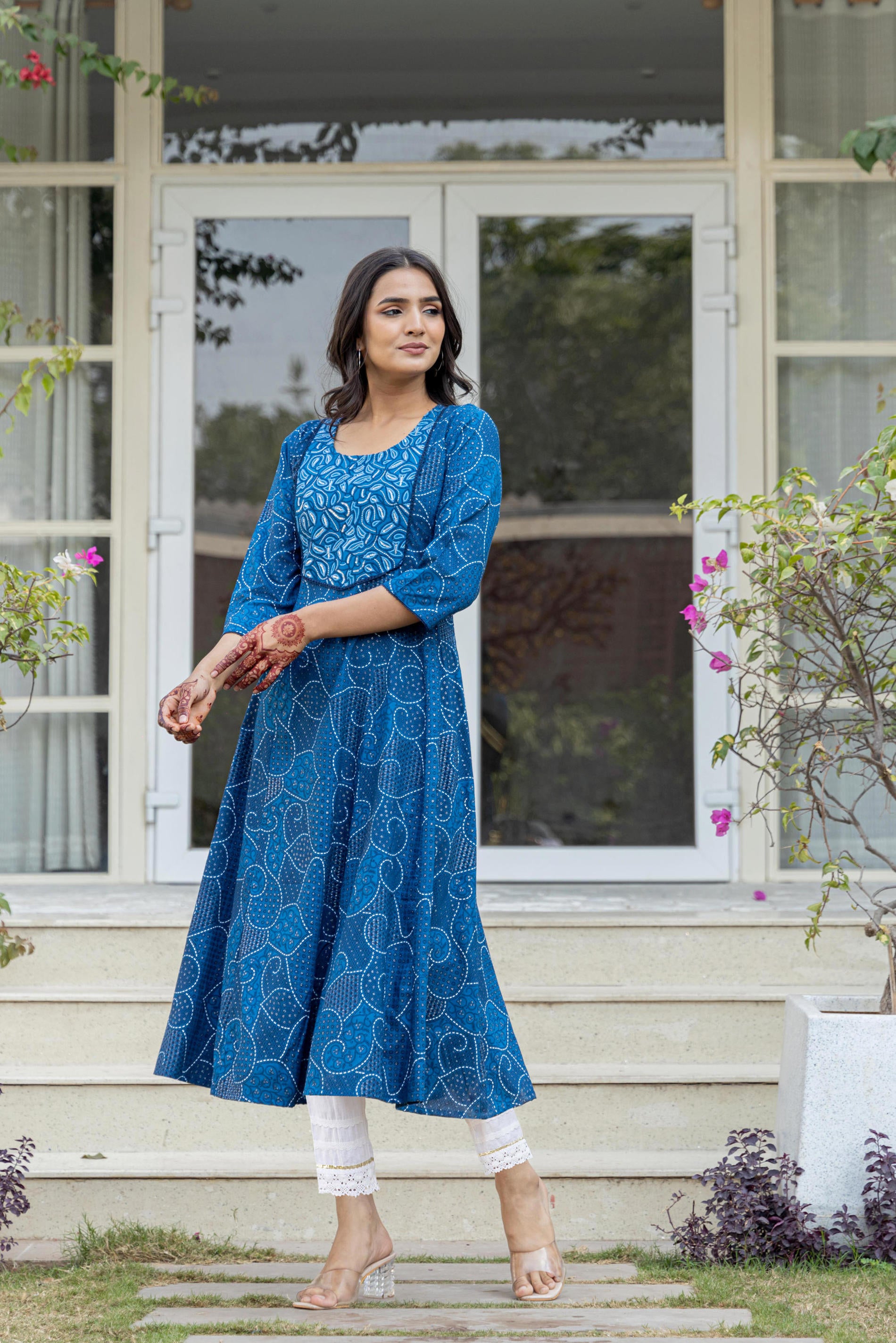Women Blue Print With Embroidered Kurta