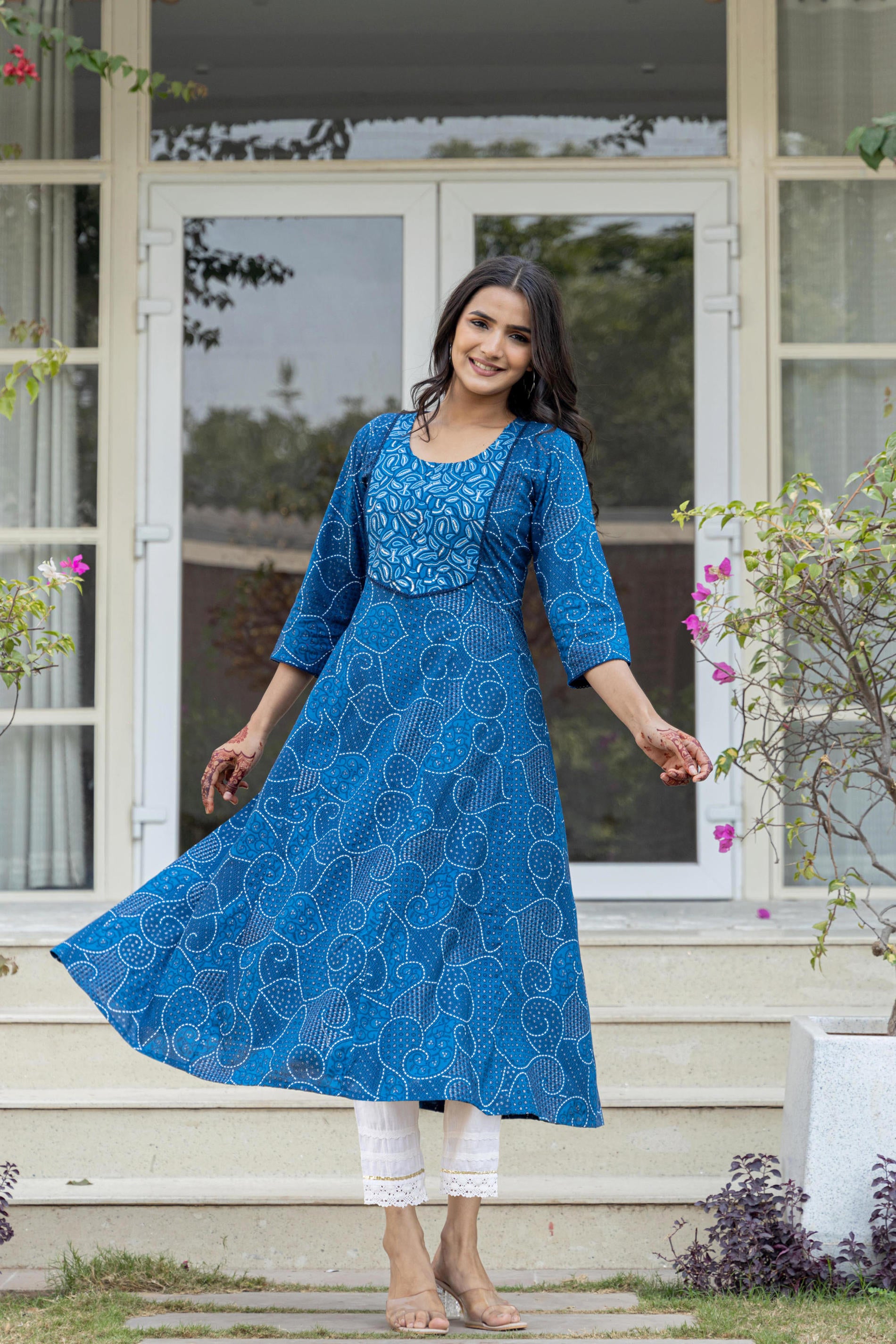 Women Blue Print With Embroidered Kurta