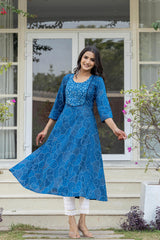 Women Blue Print With Embroidered Kurta-P1219BLUE_ON