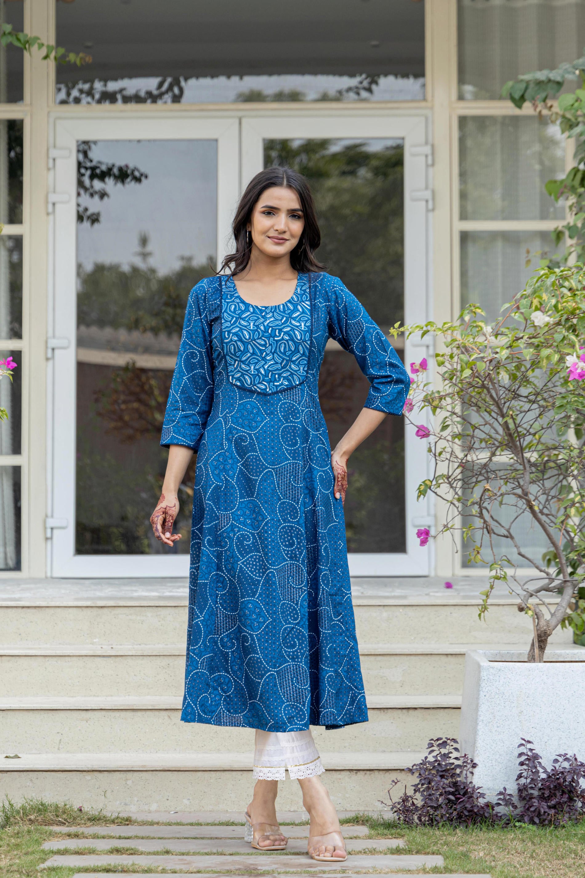 Women Blue Print With Embroidered Kurta