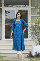 Women Blue Print With Embroidered Kurta-P1219BLUE_ON