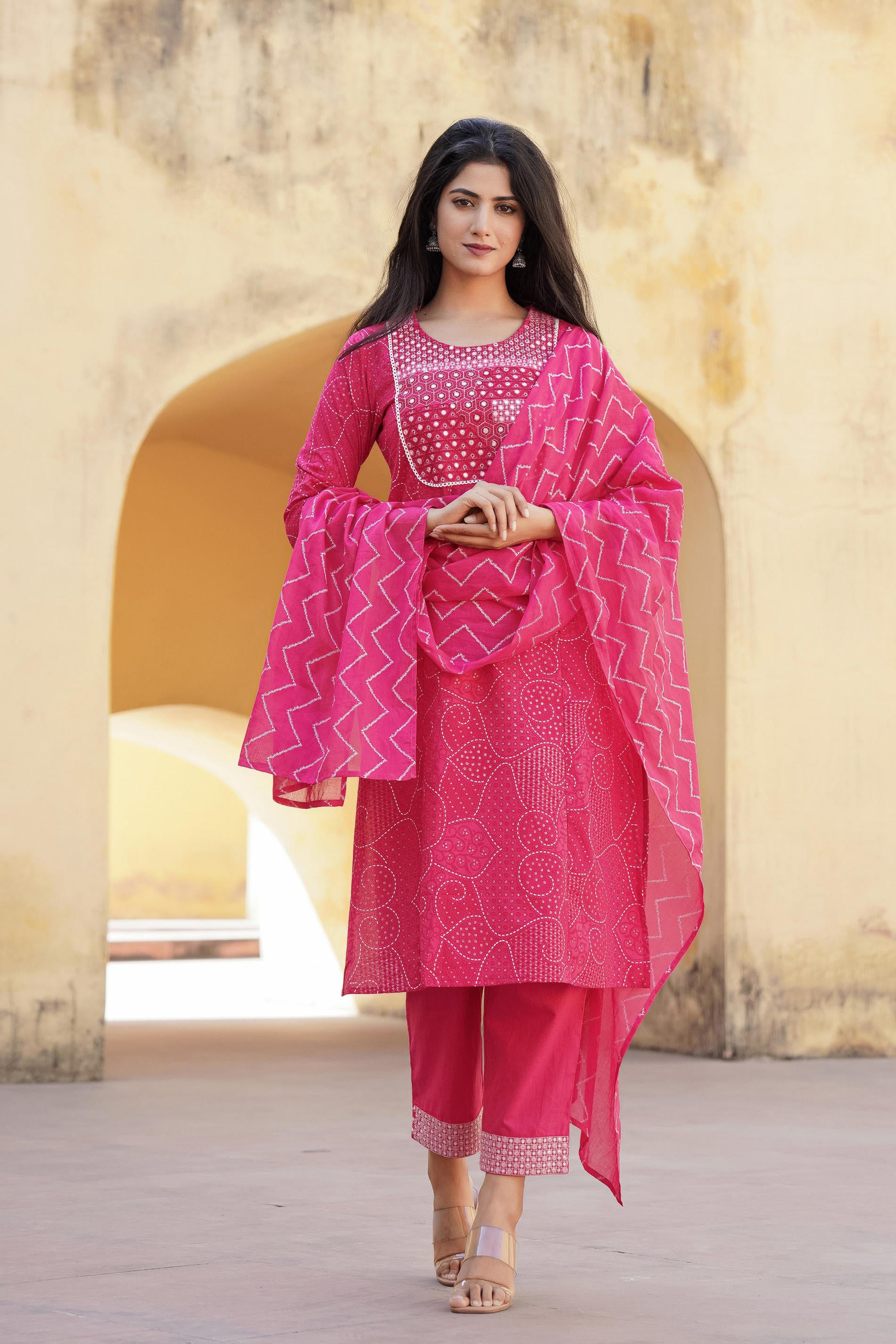 Women Fuchsia Print With Embroidered Kurta Pant Dupatta