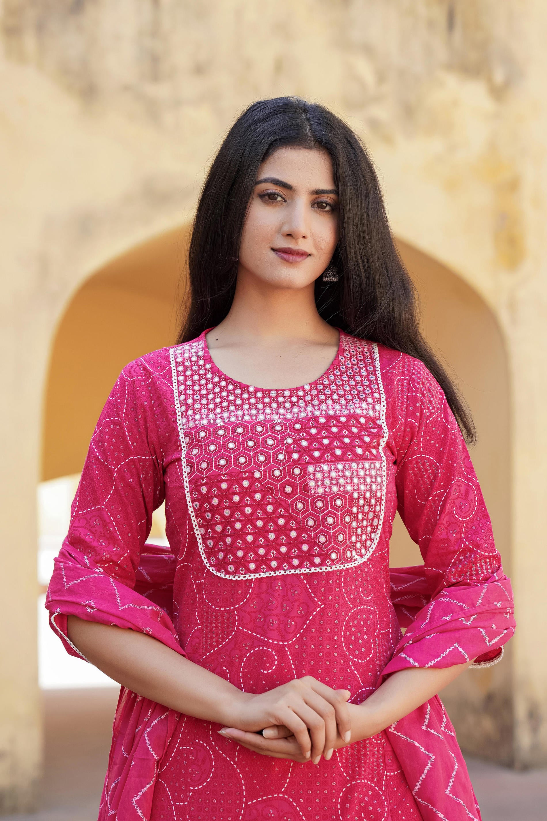 Women Fuchsia Print With Embroidered Kurta Pant Dupatta