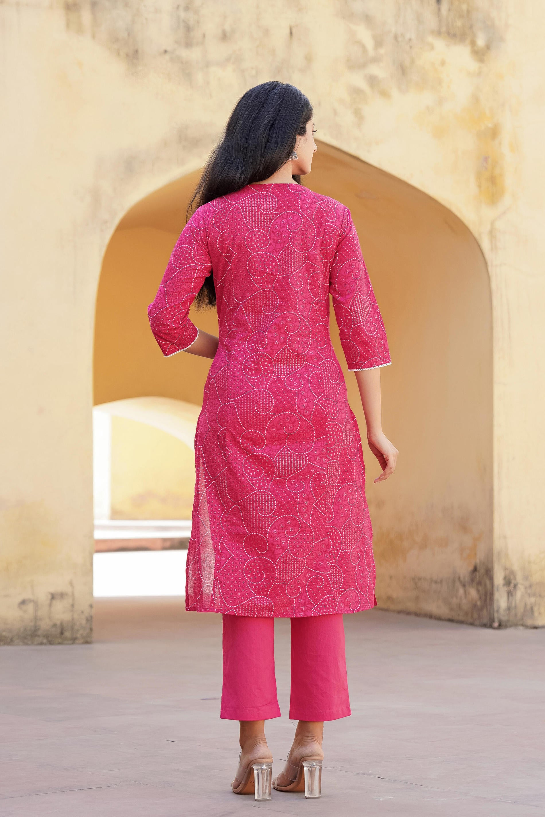 Women Fuchsia Print With Embroidered Kurta Pant Dupatta