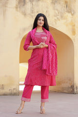 Women Fuchsia Print With Embroidered Kurta Pant Dupatta-P1221FUCHSIA_ON