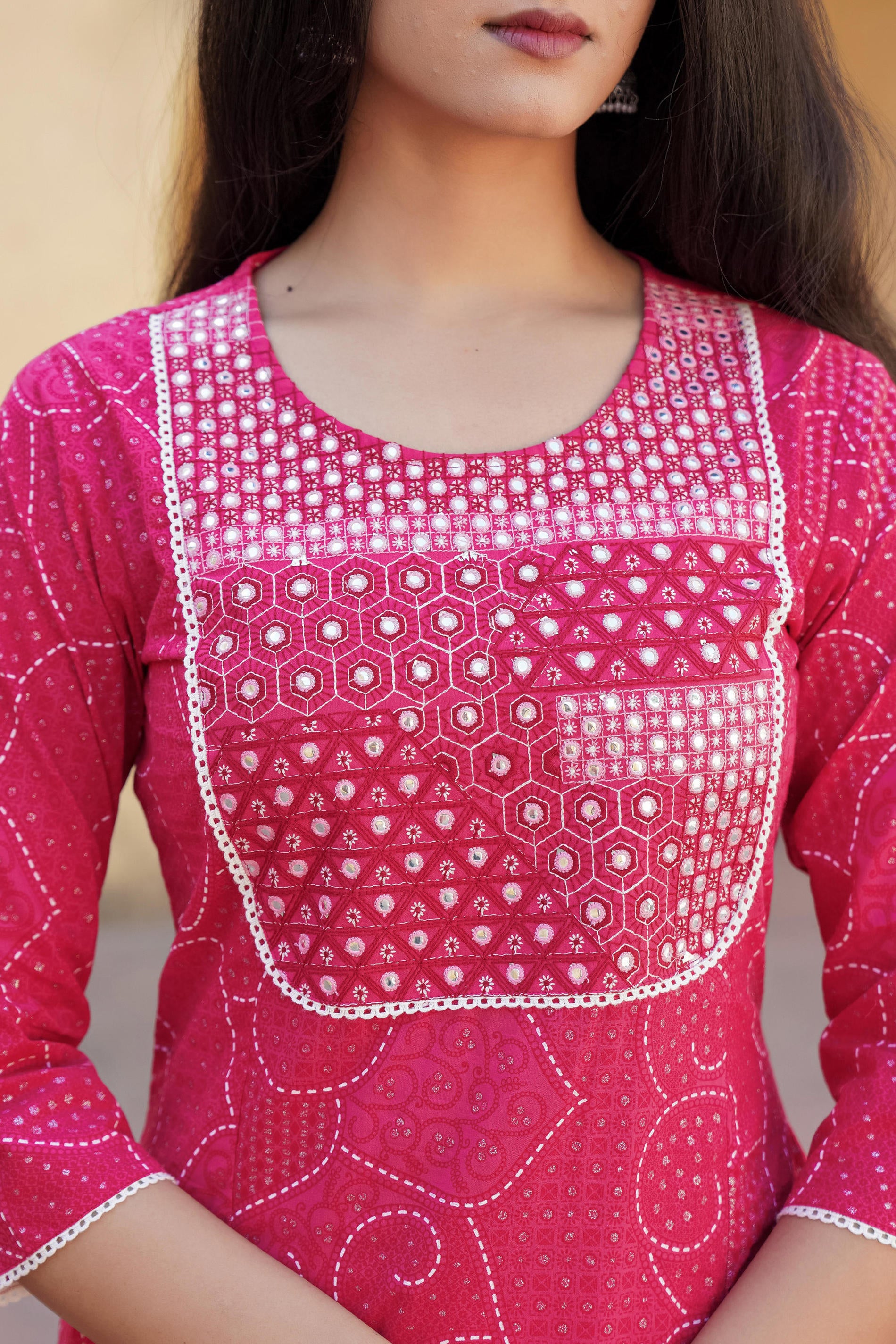 Women Fuchsia Print With Embroidered Kurta Pant Dupatta