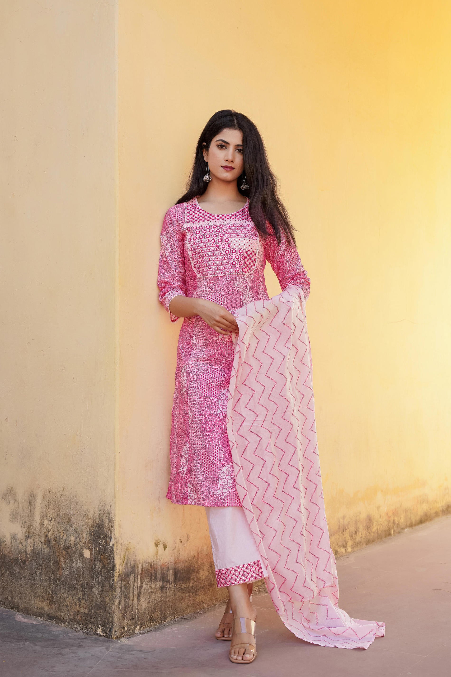Women Lightpink Print With Embroidered Kurta Pant Dupatta