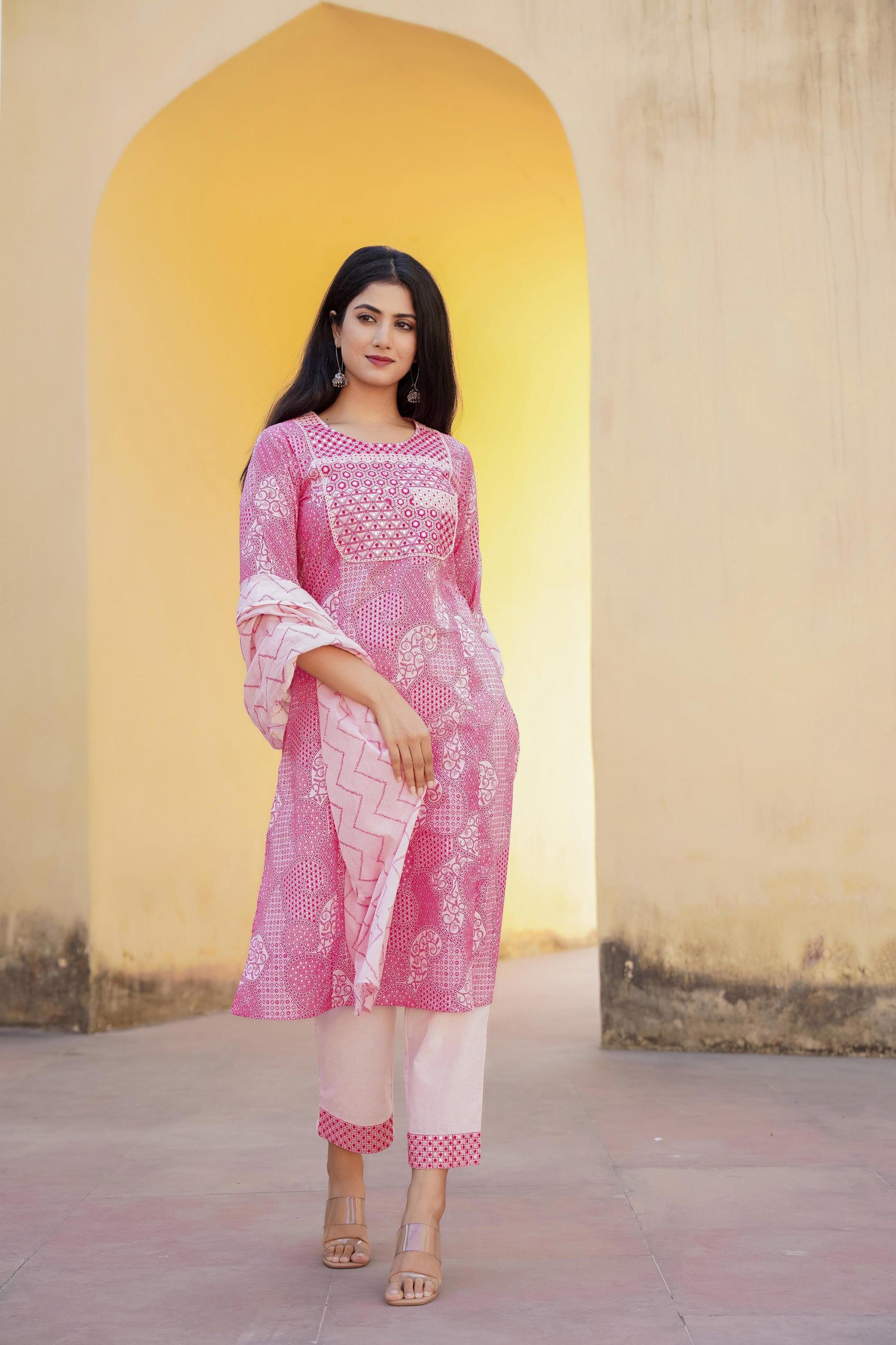 Women Lightpink Print With Embroidered Kurta Pant Dupatta