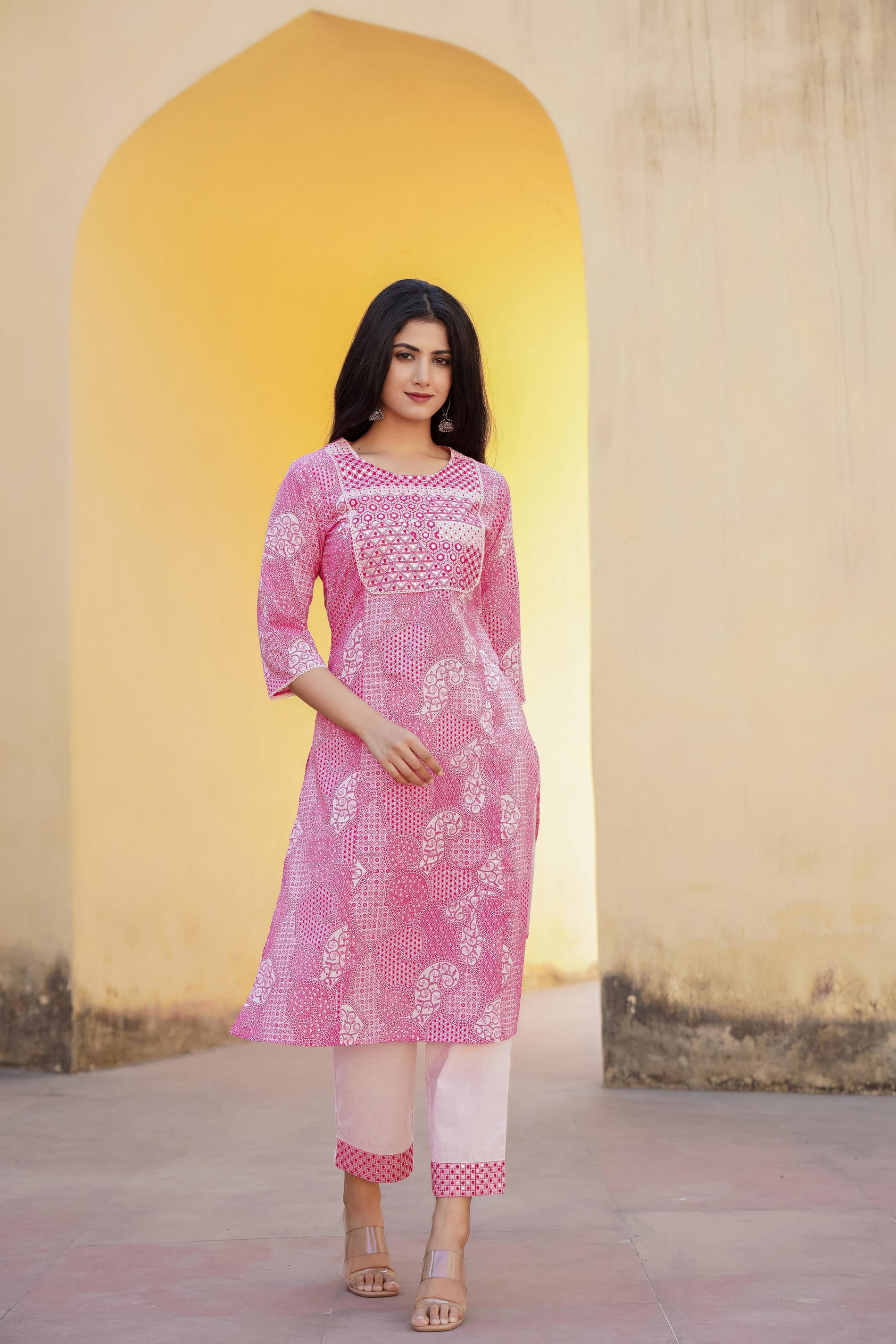 Women Lightpink Print With Embroidered Kurta Pant Dupatta