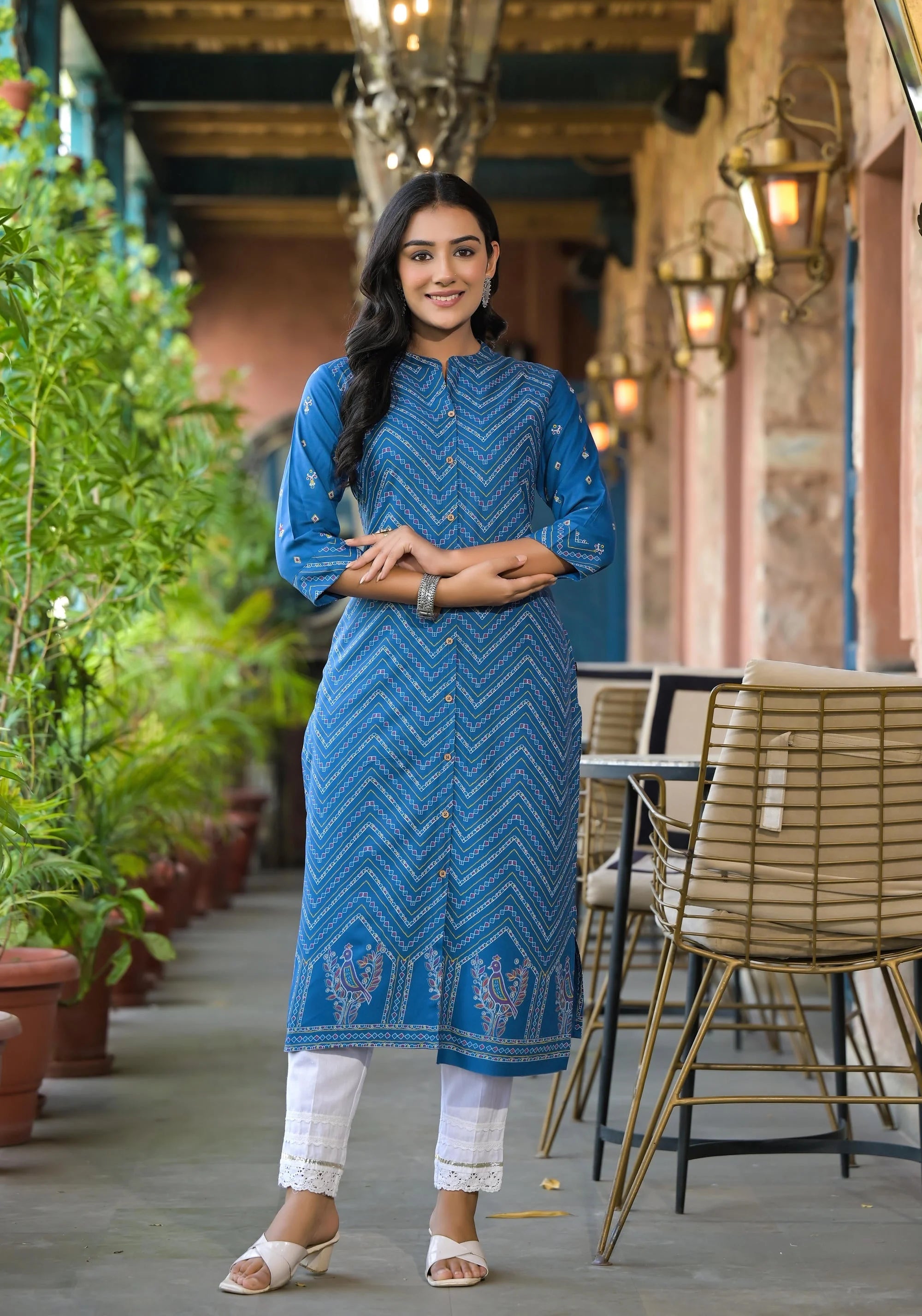 Blue Ethnic Print Viscose Kurta - Indian Kurtis for Women