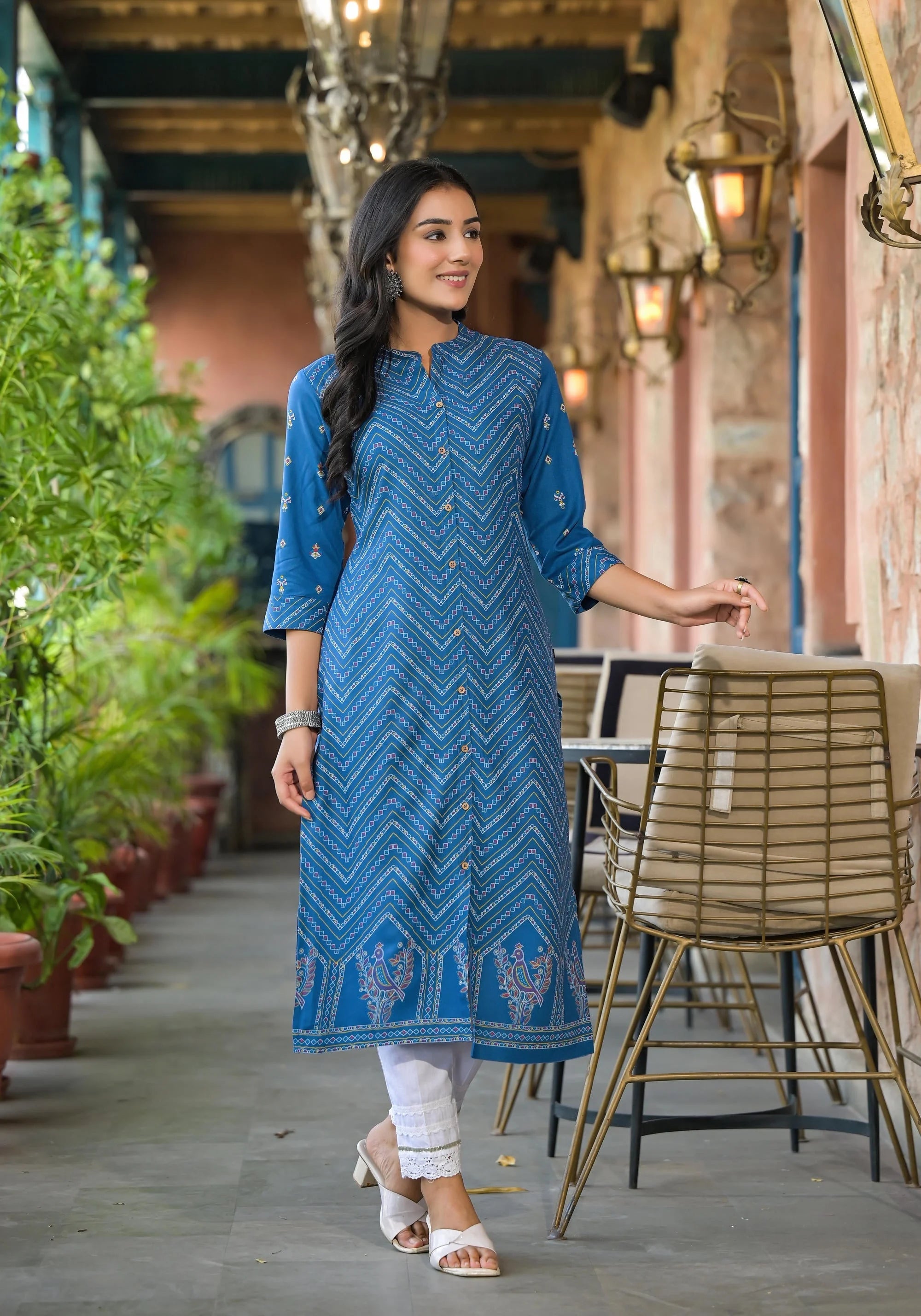 Blue Ethnic Print Viscose Kurta - Indian Kurtis for Women