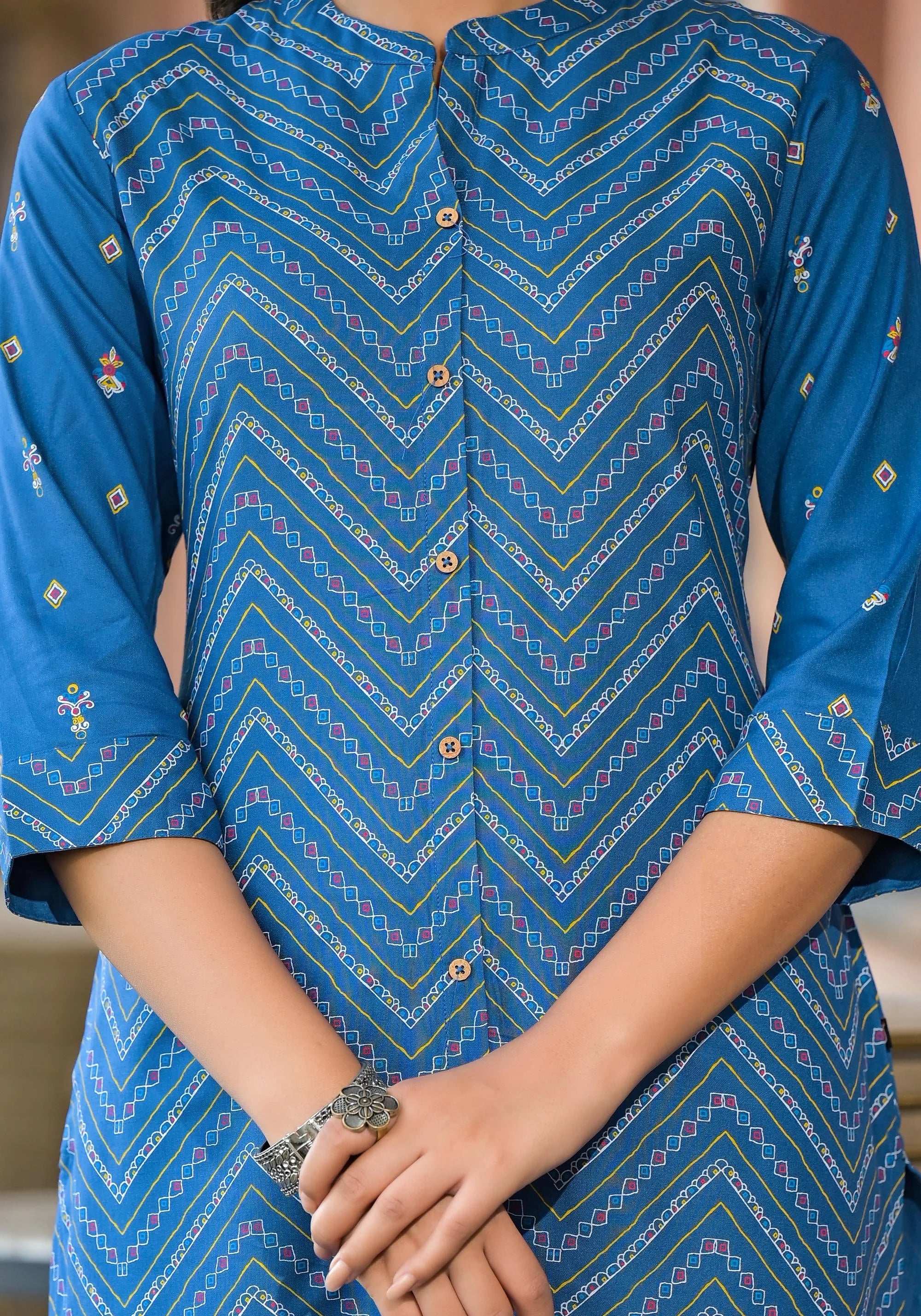 Blue Ethnic Print Viscose Kurta - Indian Kurtis for Women