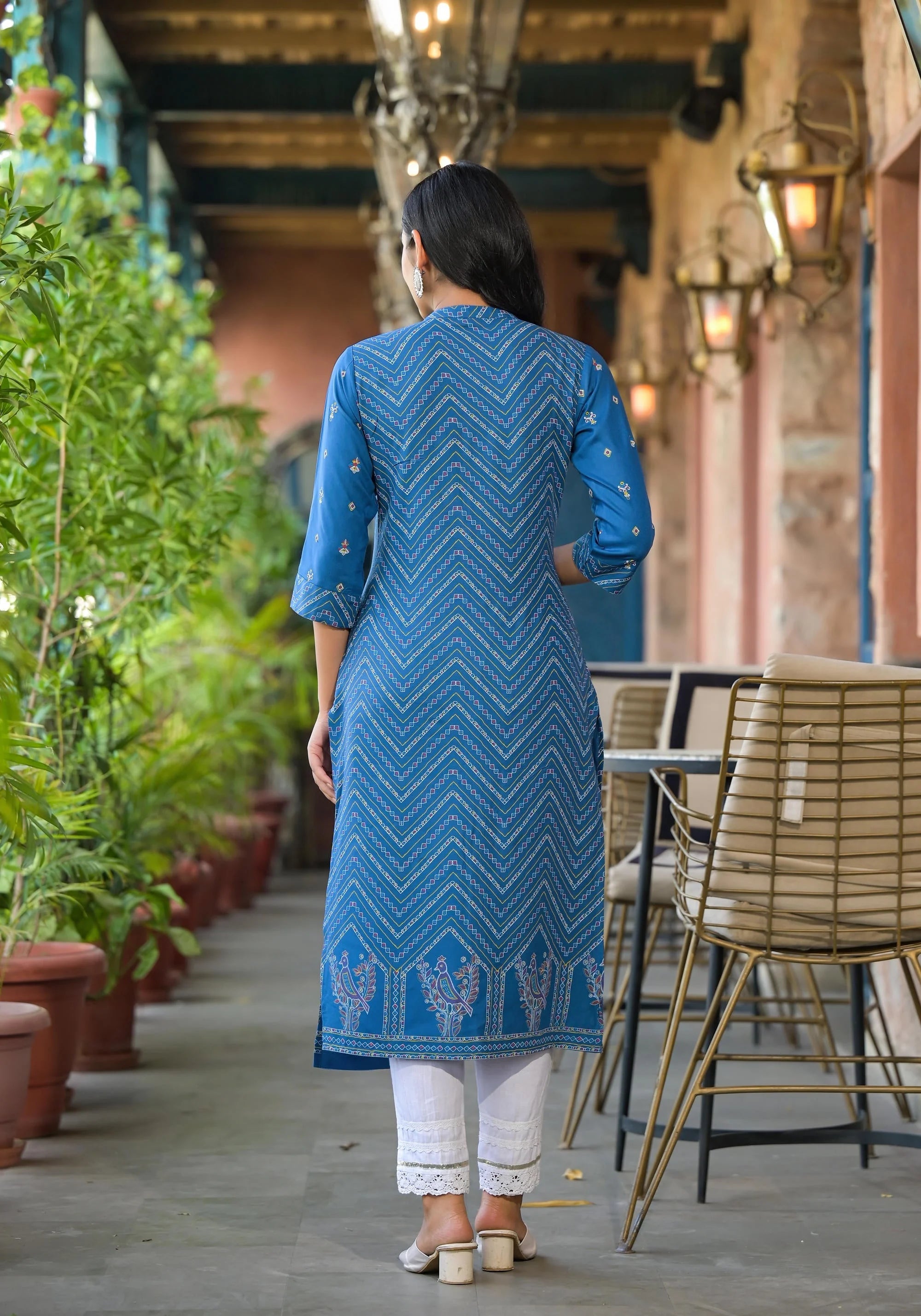Blue Ethnic Print Viscose Kurta - Indian Kurtis for Women