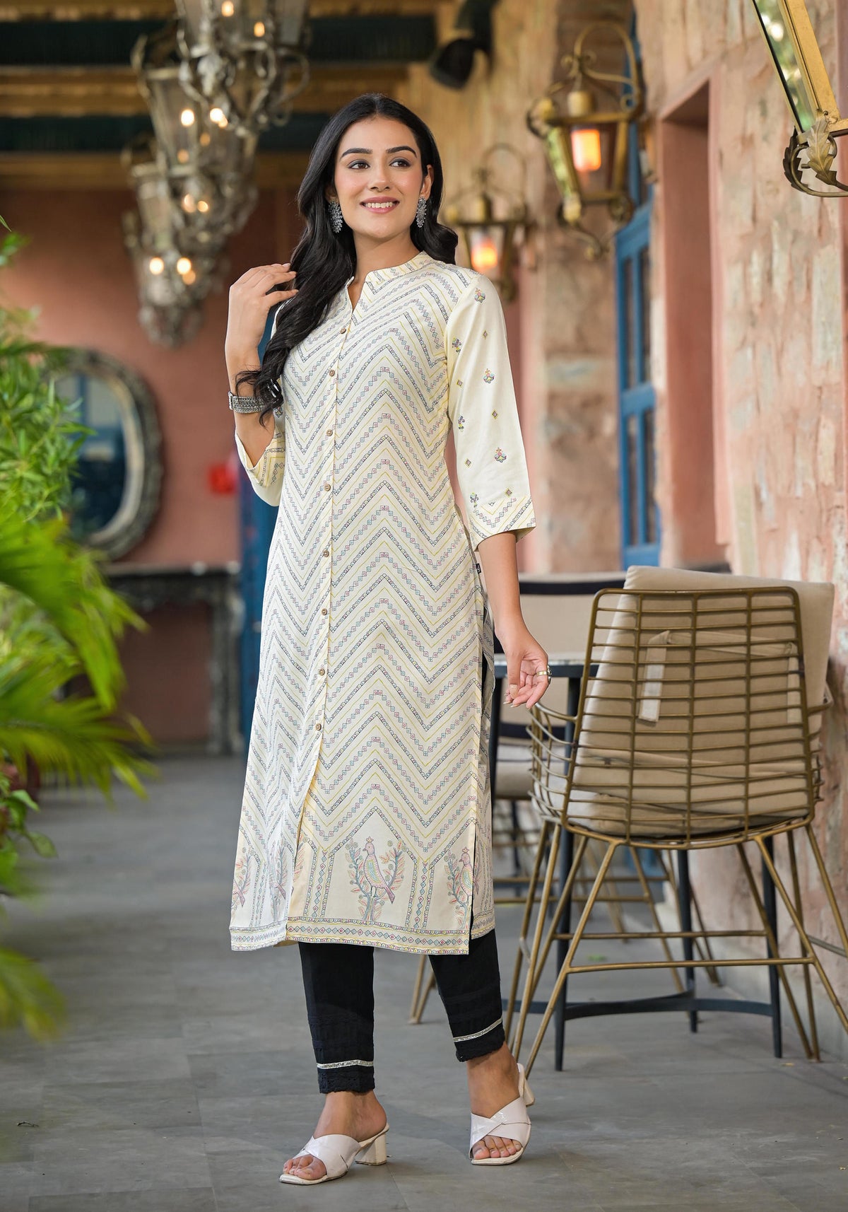 Ivory Ethnic Motif Printed Viscose Kurta With Button Closure-P1222IVORY