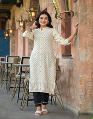 Ivory Ethnic Motif Printed Viscose Kurta With Button Closure-P1222IVORY