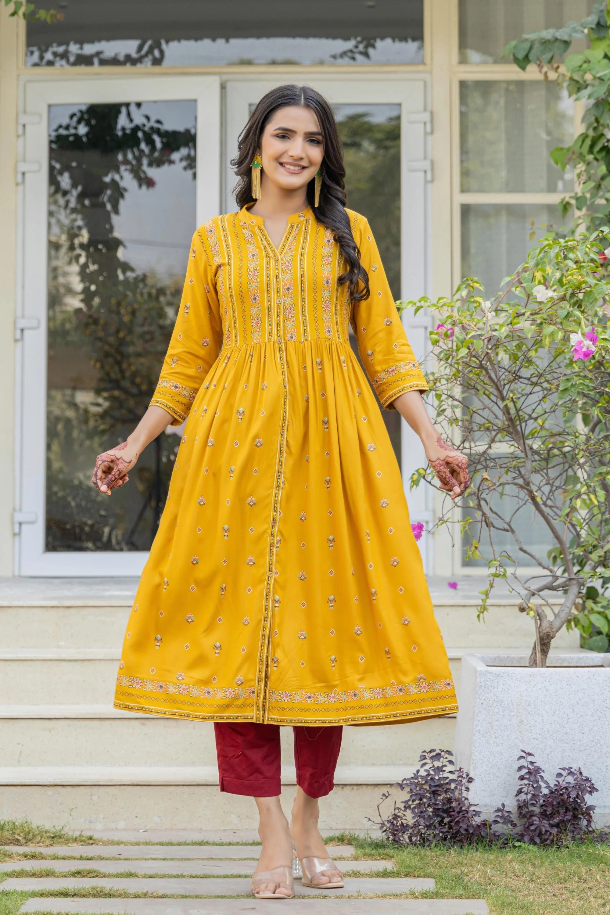 Mustard Floral Kurta - Indian Kurta with Thread Work & Lace